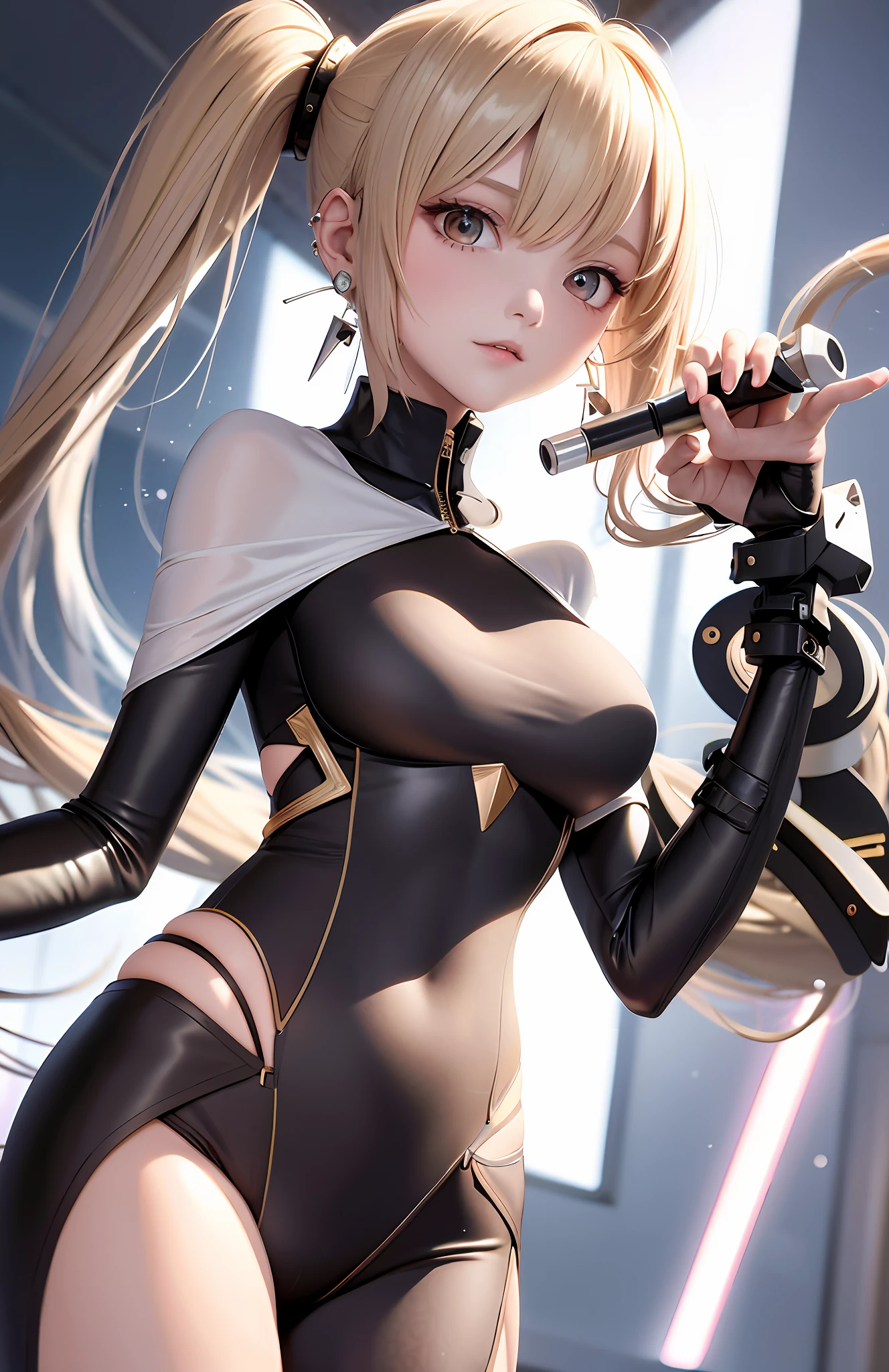 optimum，tmasterpiece，A high resolution，best qualtiy，hyper HD，super detailing，Award-Awarded，16k，独奏，（The upper part of the body），anatomy correct，Beautiful cyberpunk girl，cute  face，，Gradient Beige Hair，Hairline，（（Scarlet eyes）），long eyelasher，Hanging eye corners，White skin of the，（small boobs），（Slim body），（（Women's extra short shawl jacket）），（（bikesuit）），ear studs，（neck rings），（Laser material clothing：1.2）