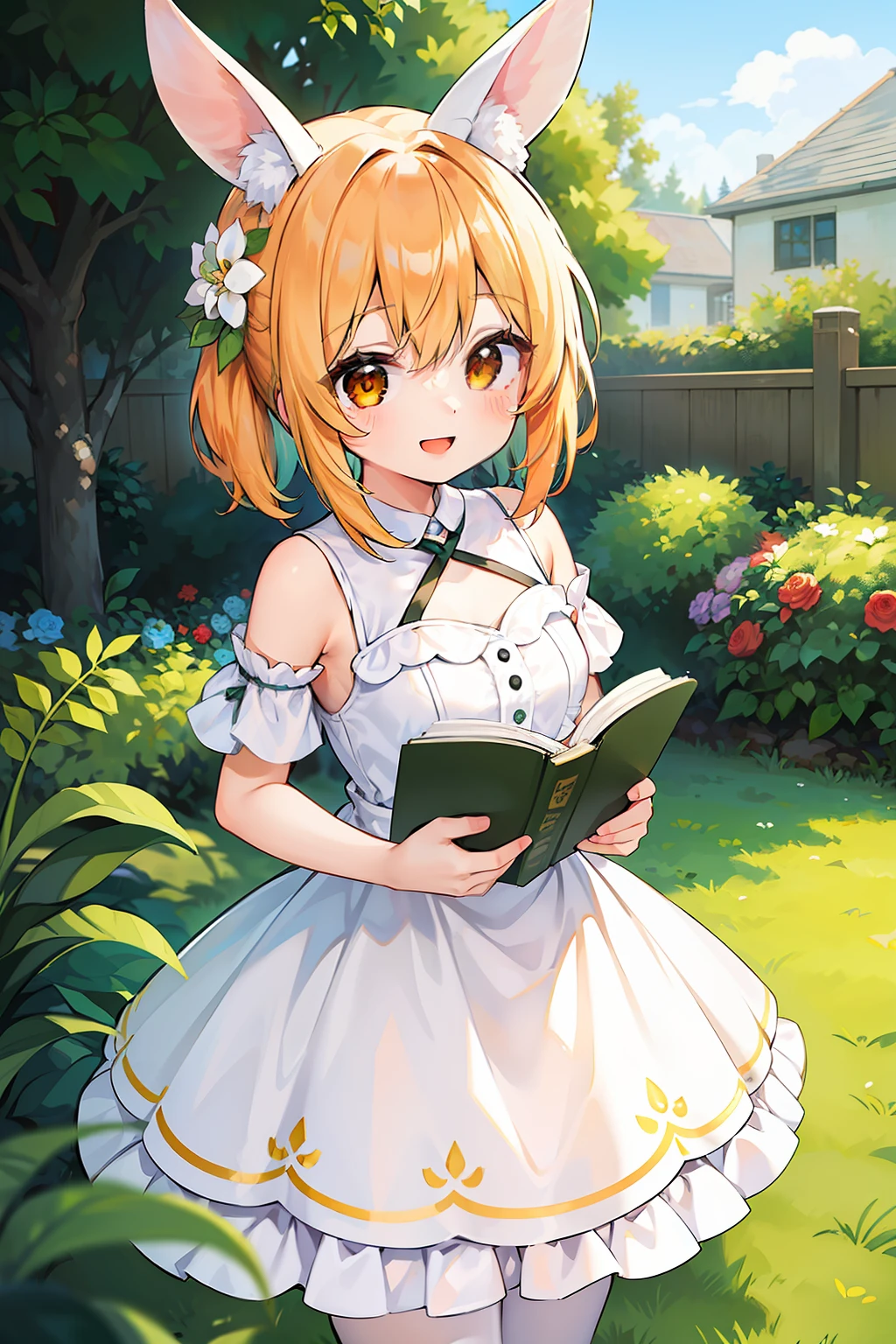 masterpiece, best quality, 1girl, solo, orange hair, short hair, shoulder-length hair, straight hair, orange eyes, round eyes, white picnic dress, with a flower crown on one's head, holding a book, in the garden, smiling, happy, ((with the white rabbit))