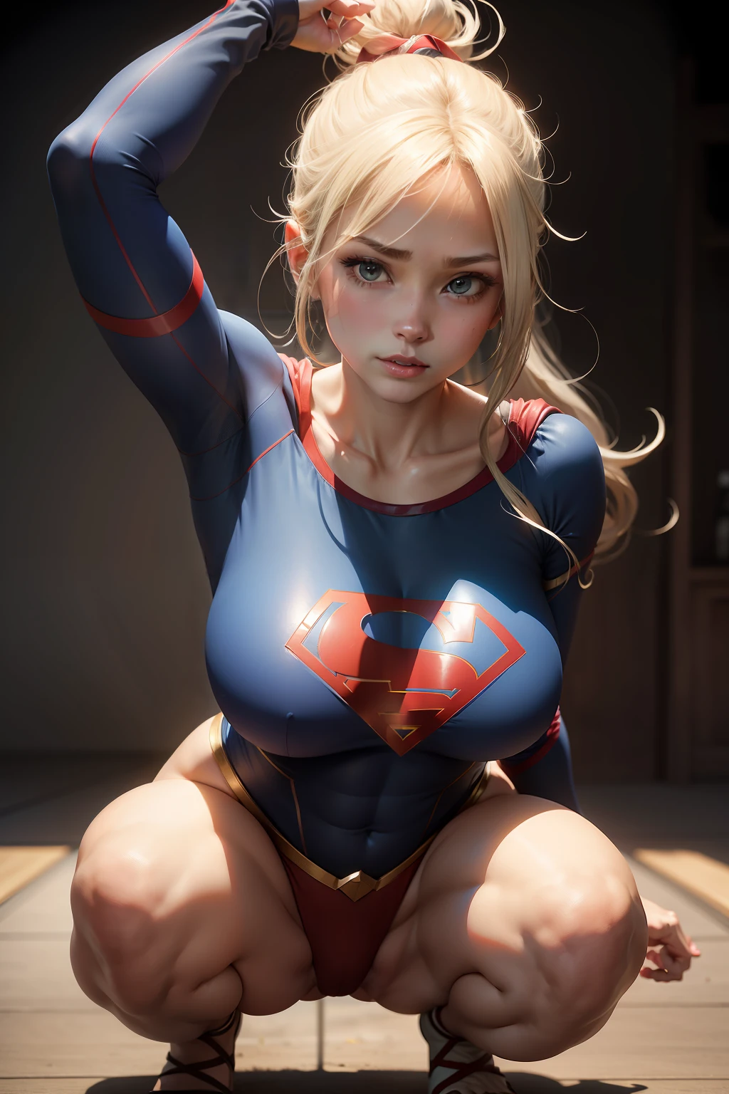 Skysky,Focus on the face,Beautiful face,Delicate, Youthful face,Supergirl cosplayer,(huge tit,huge tit,huge tit:1.3),thigh gap,Camel toes realistic style,Vivid pictures,tmasterpiece,(best qualtiy:1.2),Hyper-detailing,realisticlying,k hd,high qulity,cinematric light,Ray traching,超高分辨率,hyper HD,(realisticlying:1.5),Complicated details,Detailed textures,finely detailled,High quality shadows,white legwear,High ponytail,Be red in the face,Raise one arm,Sweaty armpits,Squat with your legs apart
