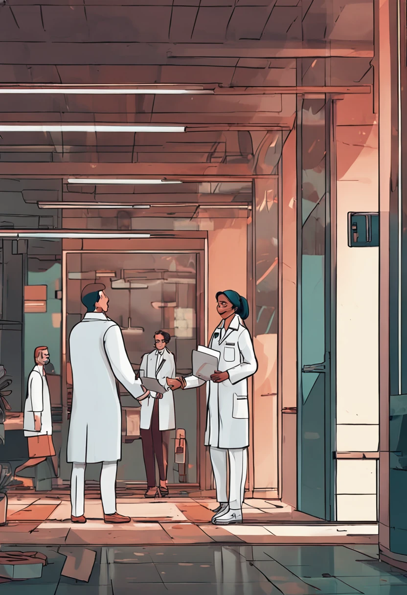 A 25-year-old woman leaves the building, Nurses dressed as nurses, A 30-year-old doctor in a white coat leaves the building