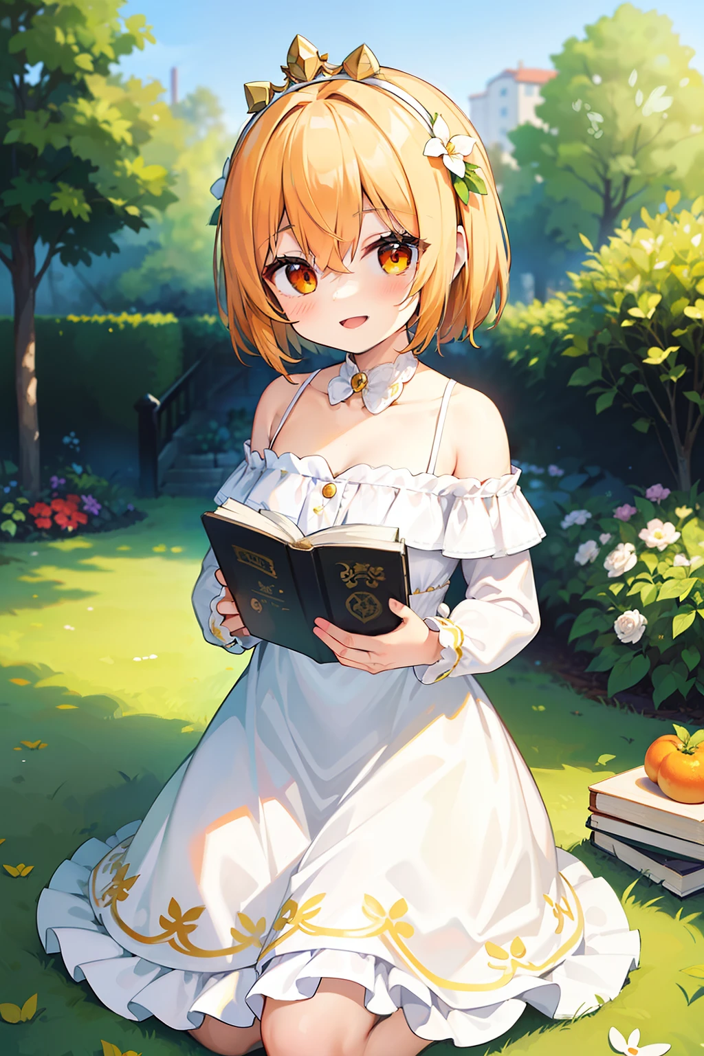 masterpiece, best quality, 1girl, solo, orange hair, short hair, shoulder-length hair, straight hair, orange eyes, round eyes, white picnic dress, long sleeves, frilled, with a flower crown on one's head, holding a book, in the garden, smiling, happy, ((with the white rabbit))