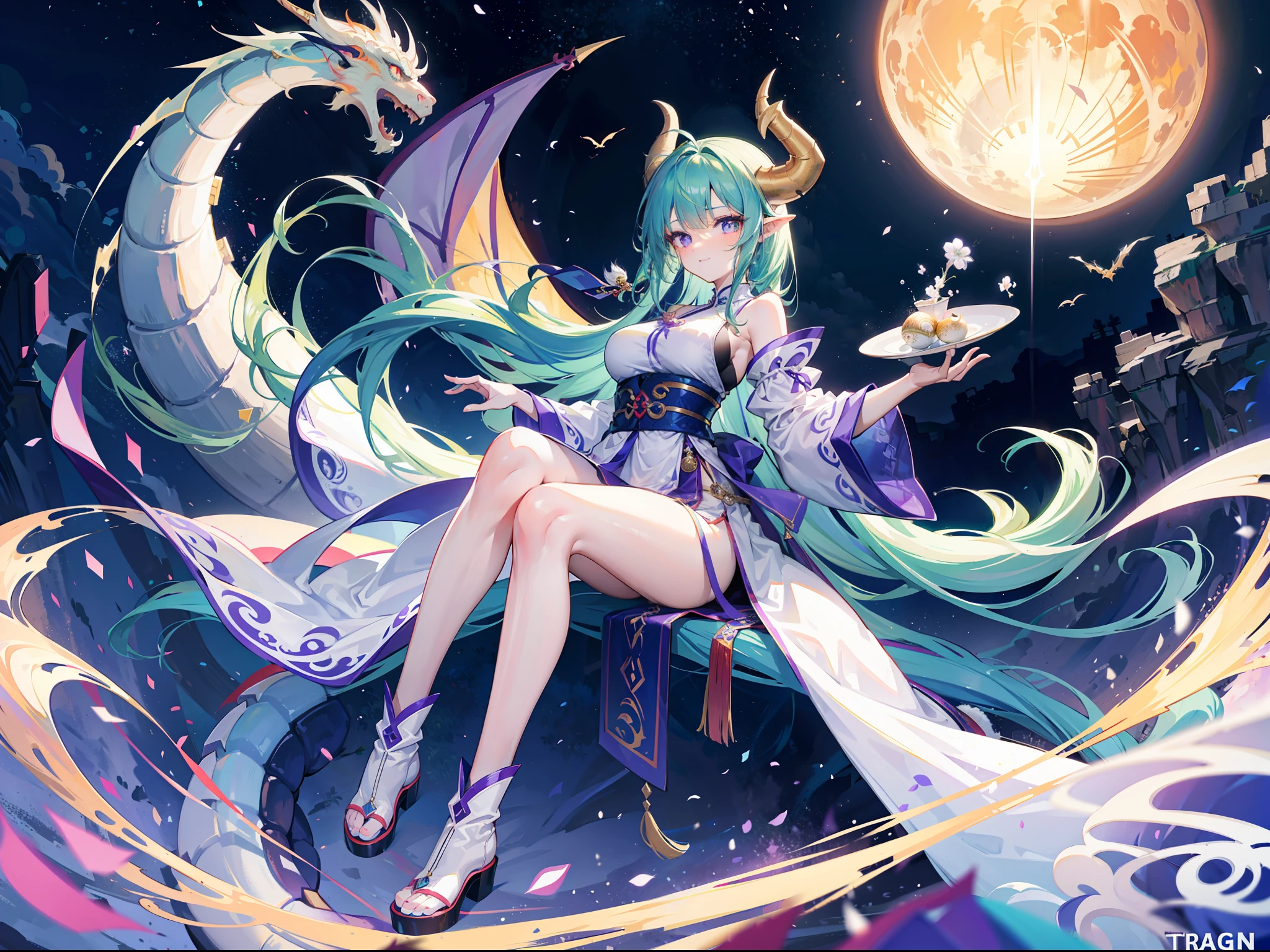Beautiful girl with blue-green hair,With a petite figure,Purple pupils,with hair dishevelled,Super Long Straight Hair,beautiful bangs,Huge dragon horns grow on the head,White Hanfu with the dragon logo,Ride on a super-large white dragon,With a sunny smile on his face,Wear dragon hoof-shaped boots,dragon girl,Beast Girl,Stroke the dragon's head,Full body photo,Best quality at best,tmasterpiece,The background is a full moon night