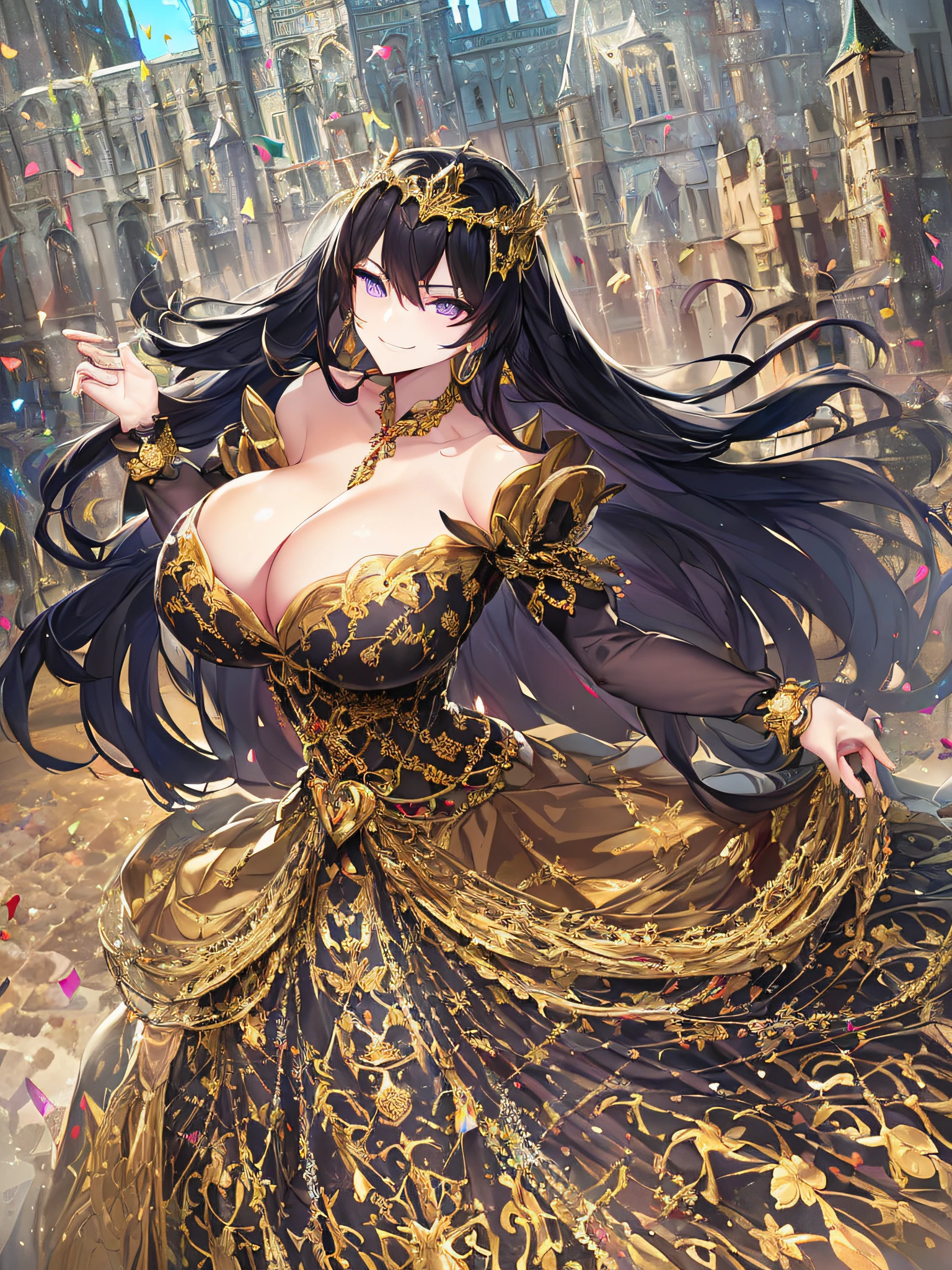 ((anime artstyle)),(Masterpiece),(Best Quality), (Super Detail),((Very Delicate and Beautiful)),(((Solo))),((full body portrait)),((1 arrogant queen in gorgeous black and gold rococo princess ballgown with voluminous full length hoop skirt and gorgeousfull embroidery),((crinoline)),gold trim,Long train,(dominant pose,dominant facial expression),(arrogant,haughty),((arrogant smile,haughty smile)),Sharp eyes,((standing in the square of the castle town,festival)),confetti,sunlight,((outdoor)),medieval main street,gorgeous gemstone jewelry,detailed face and eyes,jewel-like eyes,Purple eyes,(Bangs between eyes),((large amount of straight hair,extremely Long voluminous black Hair)),((gigantic tits,Long tits)),gorgeousfull embroidery,cleavage,extremely gorgeousfull hair ornament,(bling-bling extremely gorgeousfull jeweled tiara),gorgeous corsage,(Dynamic Angle),(Blue sky:0.7),Looking at viewer,confetti flowing,(full body)),((gorgeous black and gold rococo princess ballgown with voluminous full length hoop skirt and gorgeousfull embroidery))