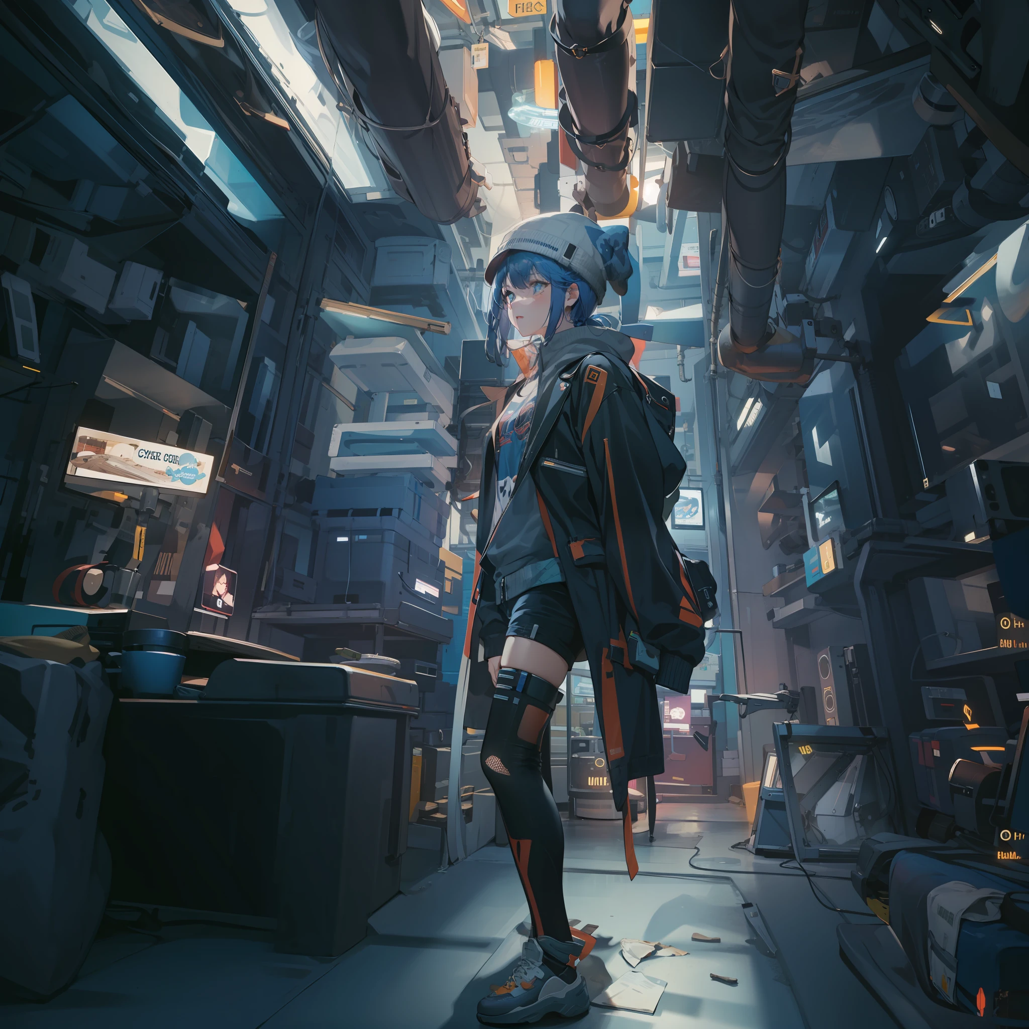 cyberpunked:1.6,Cyber City:1.8,Hi-Tech,High-tech townscape:1.8,Blowing in the wind:1.8,Wearing a knitted hat:1.8,Relaxing girl,dutch angle shot,full body shot,medium shot,High-tech room:1.6,Cyberpunk Room:1.8,(8K), (Raw photo: 1.2), (Realism: 1.4), (masutepiece: 1.3), (exquisite detailing: 1.2), Delicate and beautiful details, (Eye Detail), (Facial Detailed), (Highest Quality) :1.4), (Hyper-Resolution: 1.2), cinematric light, (very detailed illustration),Best Quality,depth of fields, Wide light, natural shadows