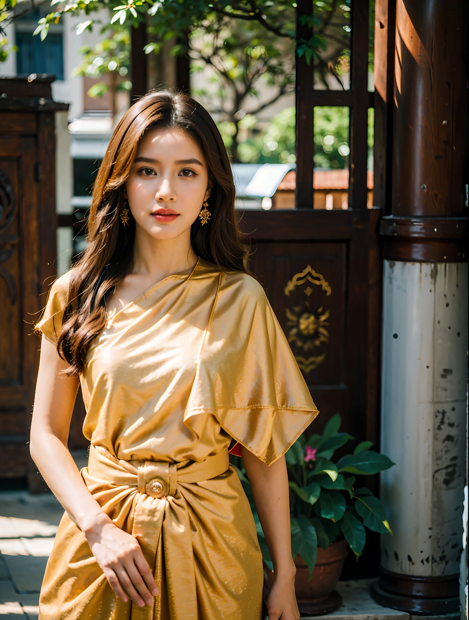 (8k,masterpiece,hi ultra res, realistic :1.3), best quality, portrait , realistic, focus face, 1  woman, brown long hair, thai traditional dress , ( red sabai:1.2), temple background, (breeze:1.2),(sun lighting:1.2)