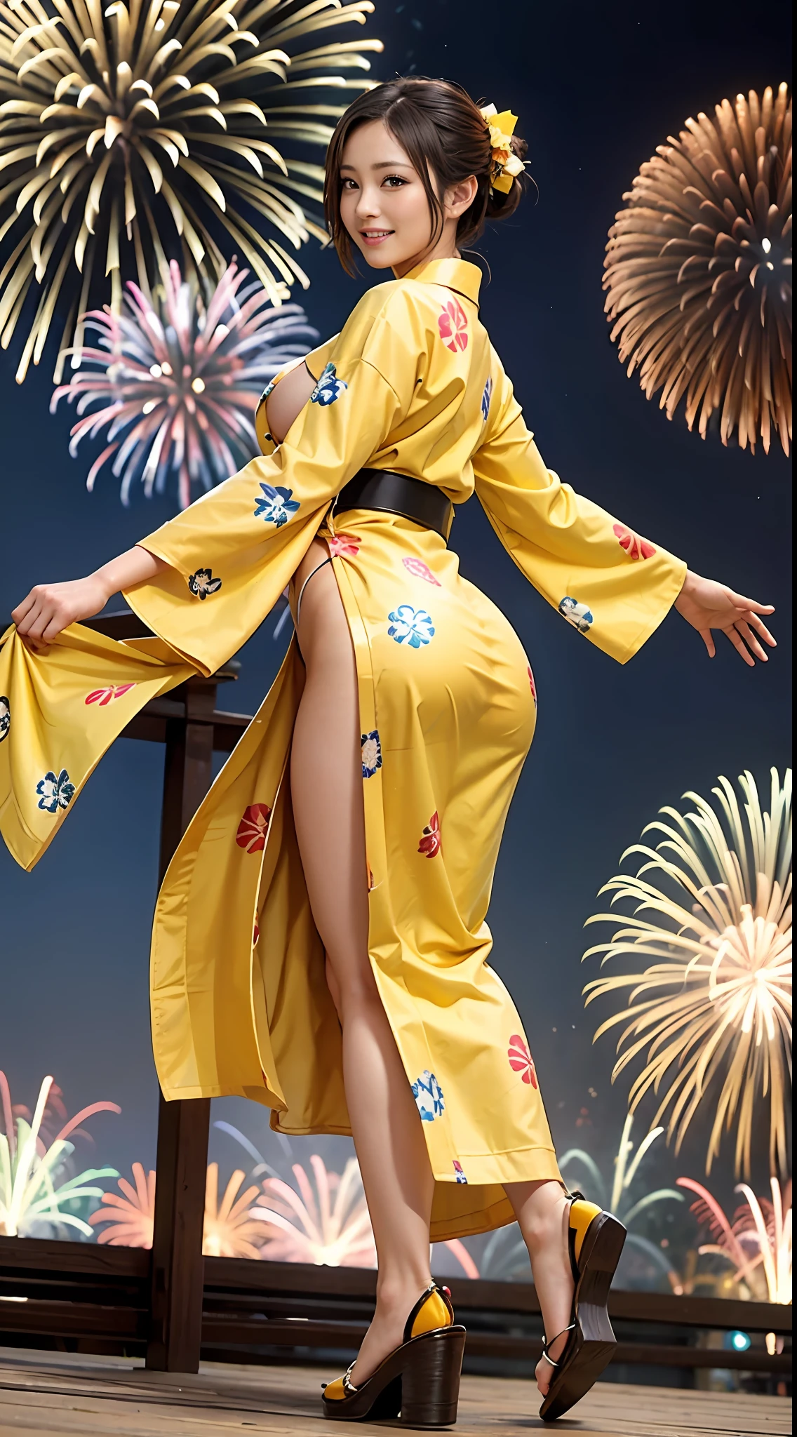 in 8K、超A high resolution、Best Quality、masutepiece (Large breasts、gargantuan butt、Toned body:1.4)(Long yellow kimono with fireworks pattern:1.38)(Summer Festivals:1.3) (Short black-haired chignon:1.2)Big eyes smiling happily、Distinct double eyelids、Lashes、Highlights in the eyes、Light brown eyes、Pinclip Gloss、piercings、Red band、Red garland clogs、(Shiny buttocks、stick out buttocks:1.2)