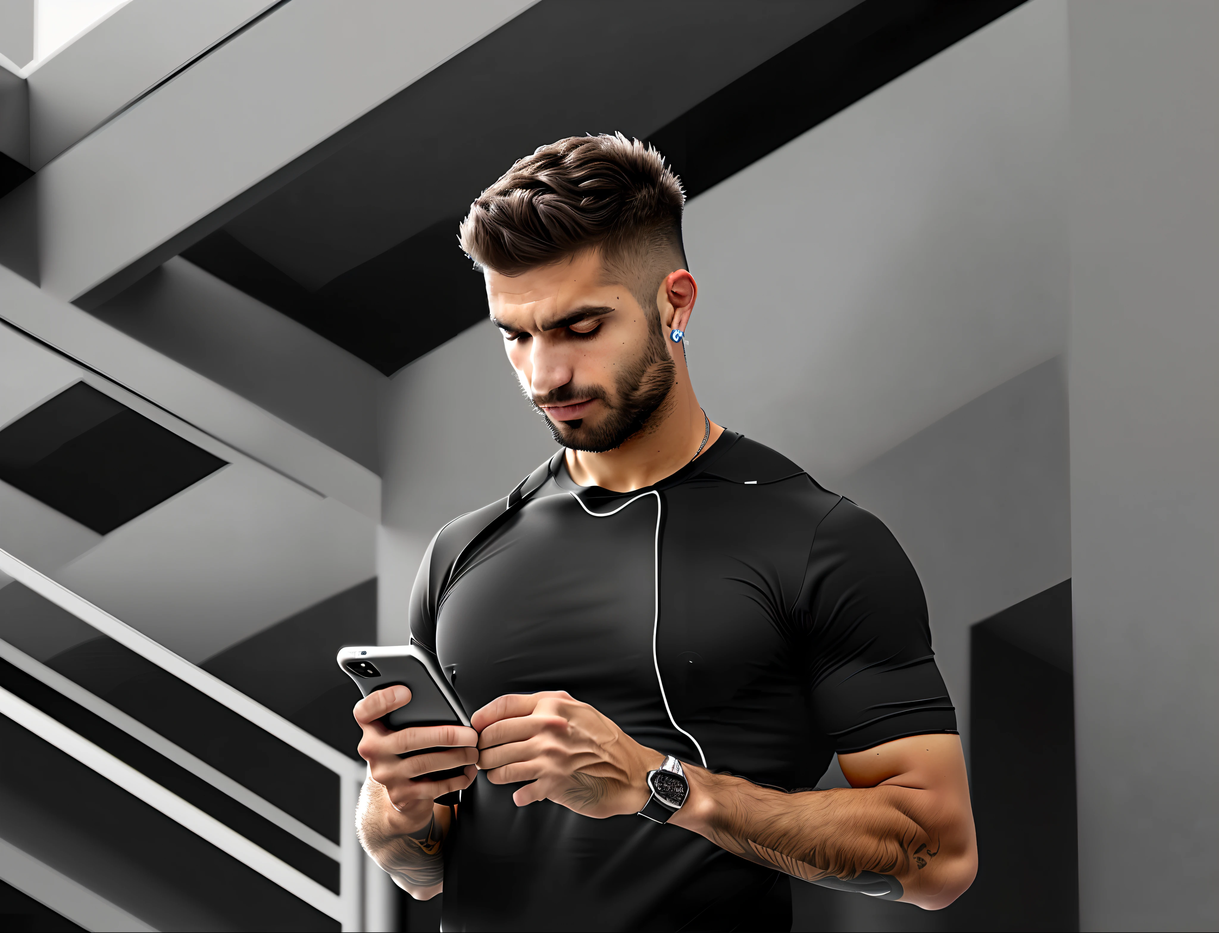 um homem parado em frente a uma escada usando um telefone celular, olhando para o telefone dele, he is holding a smartphone, athletic man in his 30s, Shutterstock, holding a very advance phone, usando equipamento de fitness, em uma academia, candid shot, Jovem com short, com fones de ouvido, ele tem fones de ouvido, Motivacional, Advanced technology, com fones de ouvido