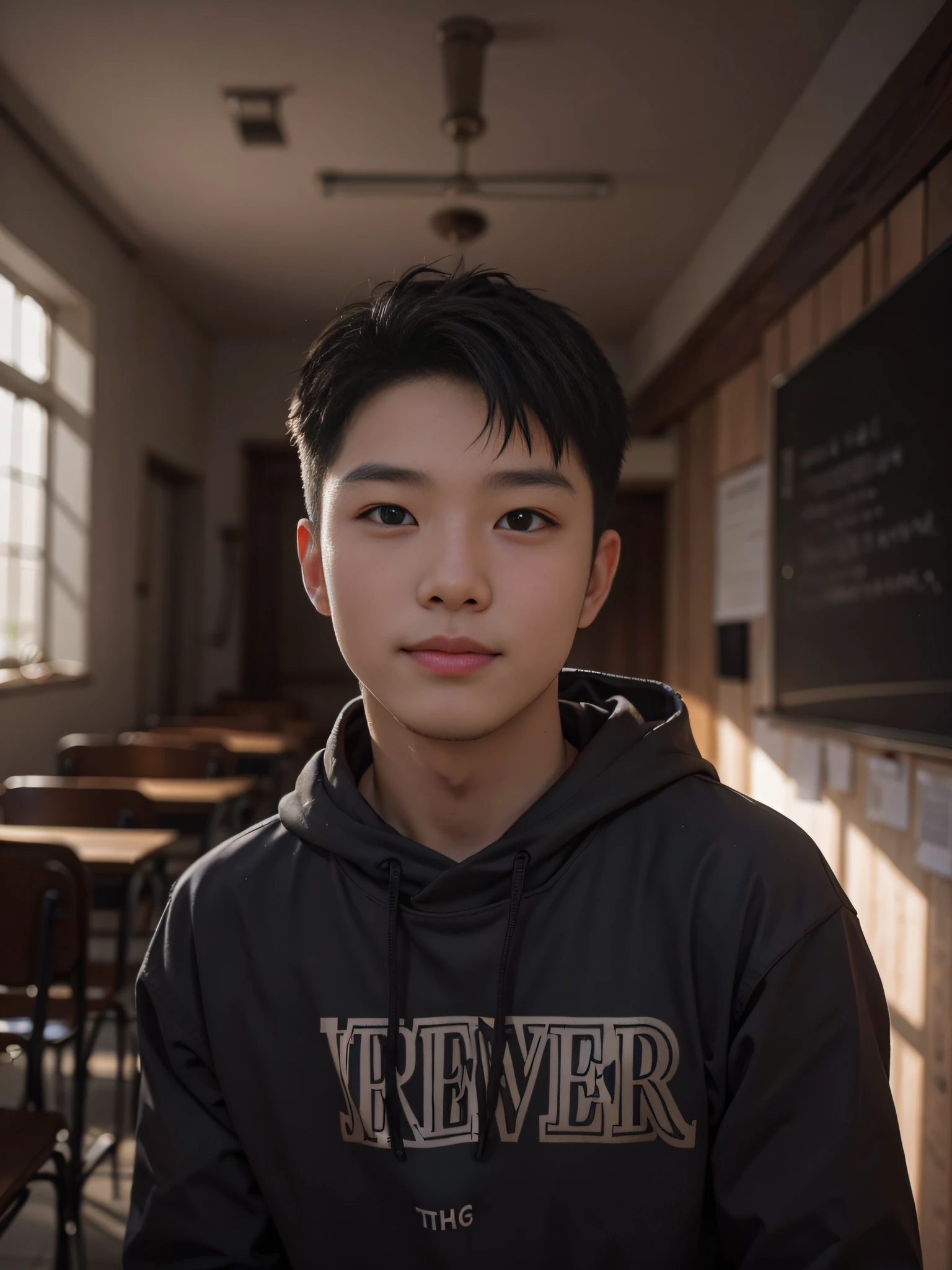 (tmasterpiece),(best qualtiy),(ultra - detailed),(Best shadow),(真实感:1.6),Real human skin,depth of fields, natural lightting, hardfocus, filmgrain, looking at viewert, Asian people, 1 boy, Teenage uncensored, cheerfulness,ssmile,In quiet classrooms