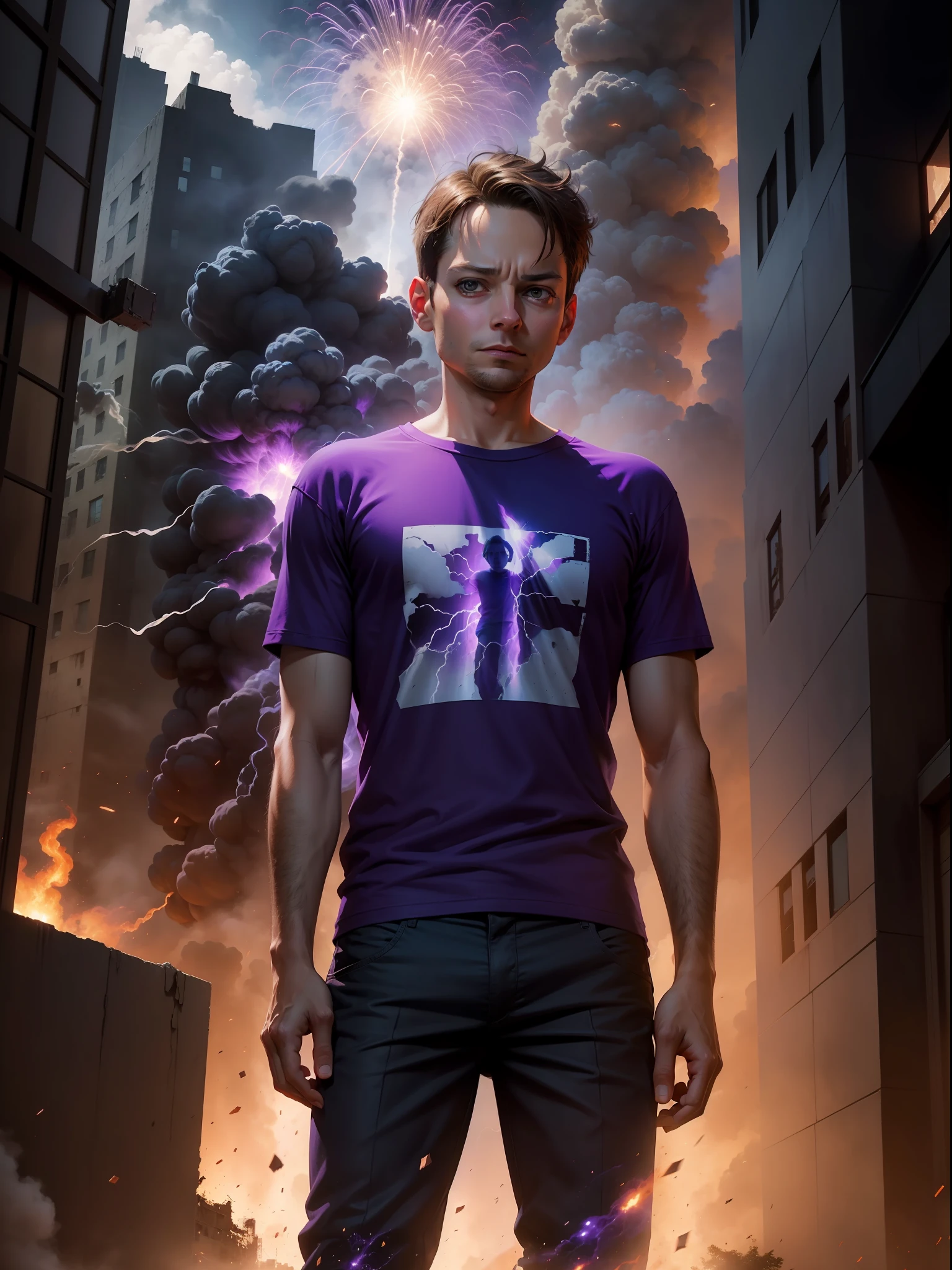 Tobey Maguire dressed in stylish tshirt and pants, explosions, destroyed buildings collapsed, rising smoke, purple flames, reflected purple and blue lights, realistic, photography, Canon Eos R6