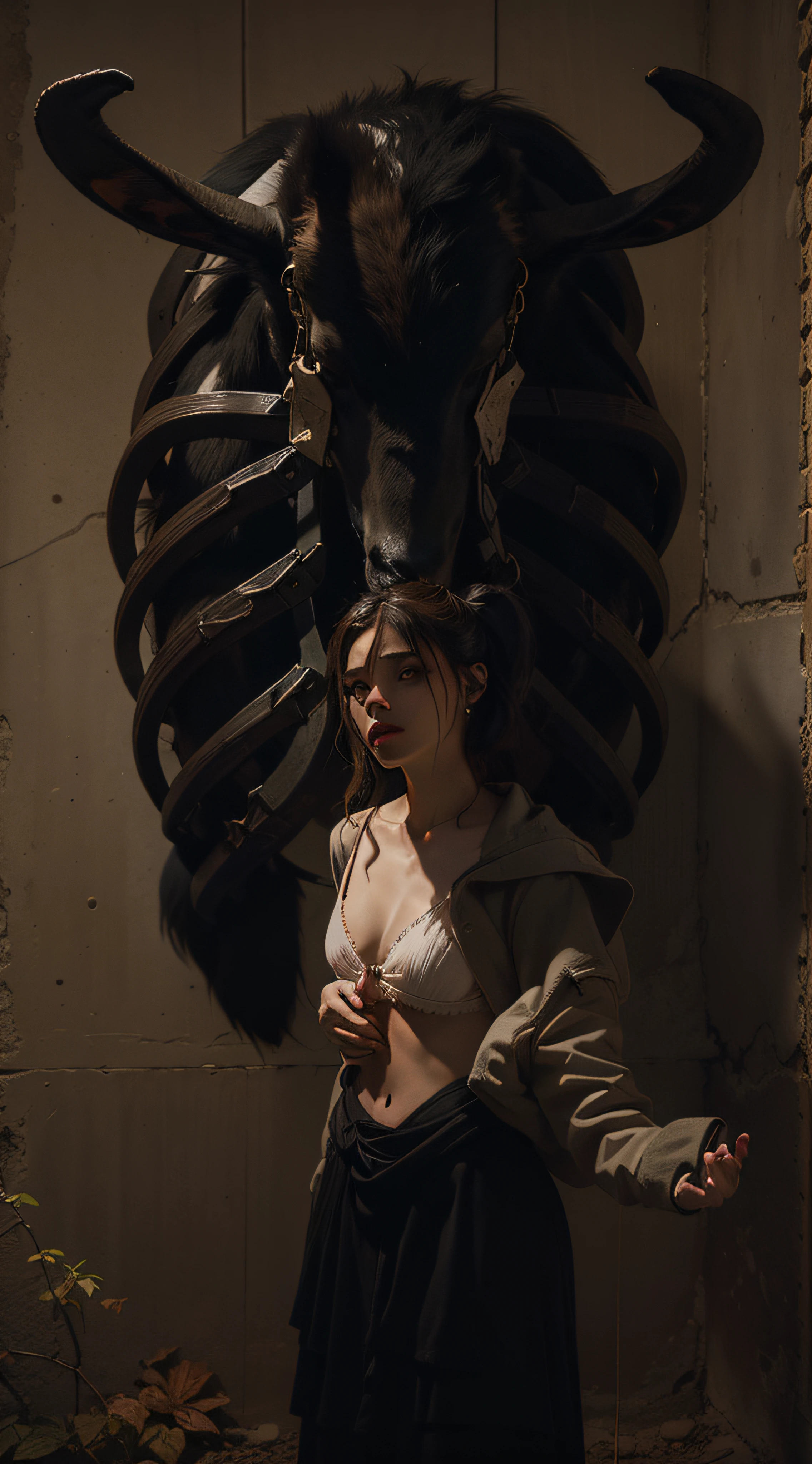 "(The best lighting, alto contraste, oscuro, dramatic),(Chica junto a una cabra negra gigante, Open the rib cage, autopsia, caldero con huesos humanos, sangre por las paredes),Luz Caravaggio"