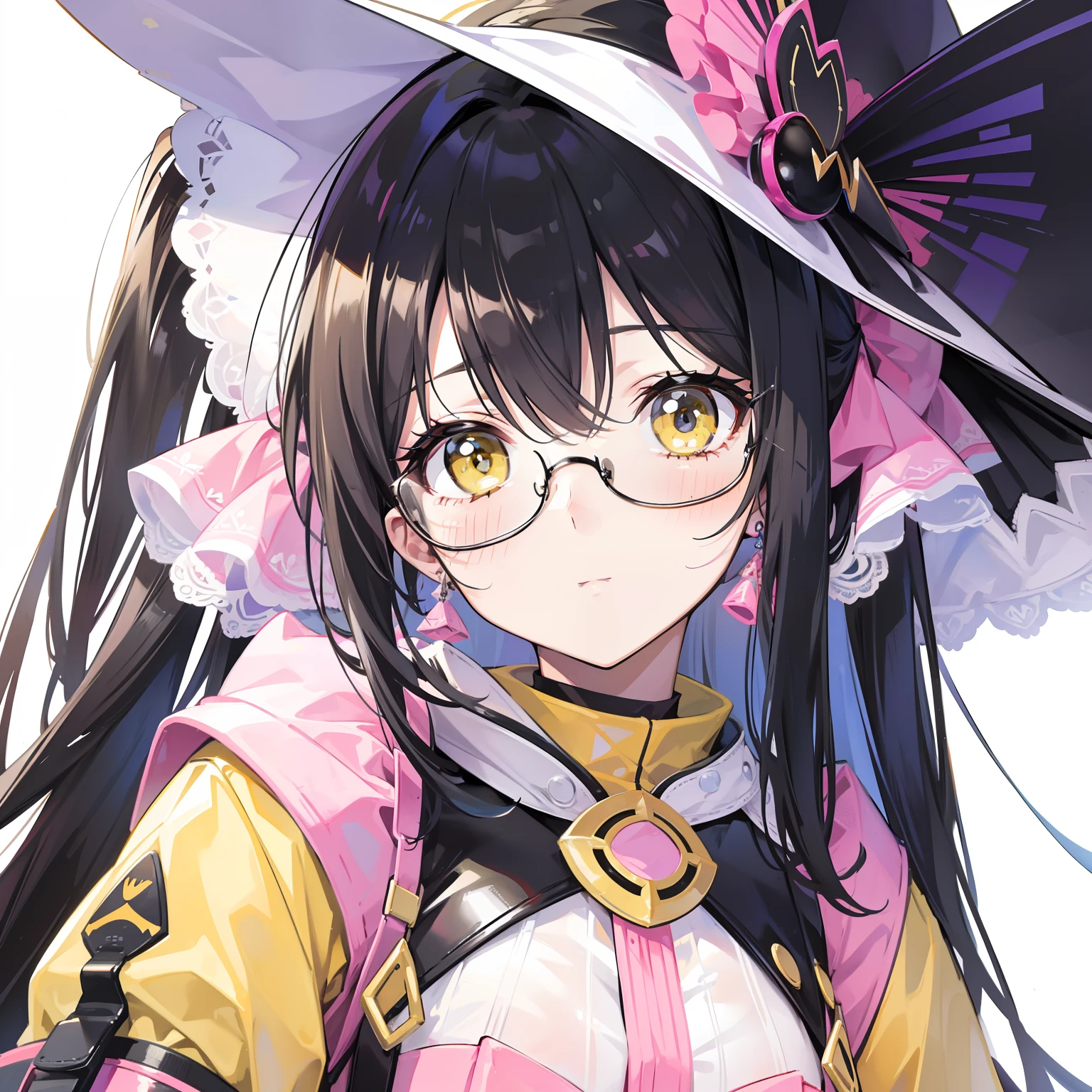 Yellow-pink transparent texture for long hair,Wide black glasses,The face is relatively large,Silly,Looks silly and cute,It's a cute girl
