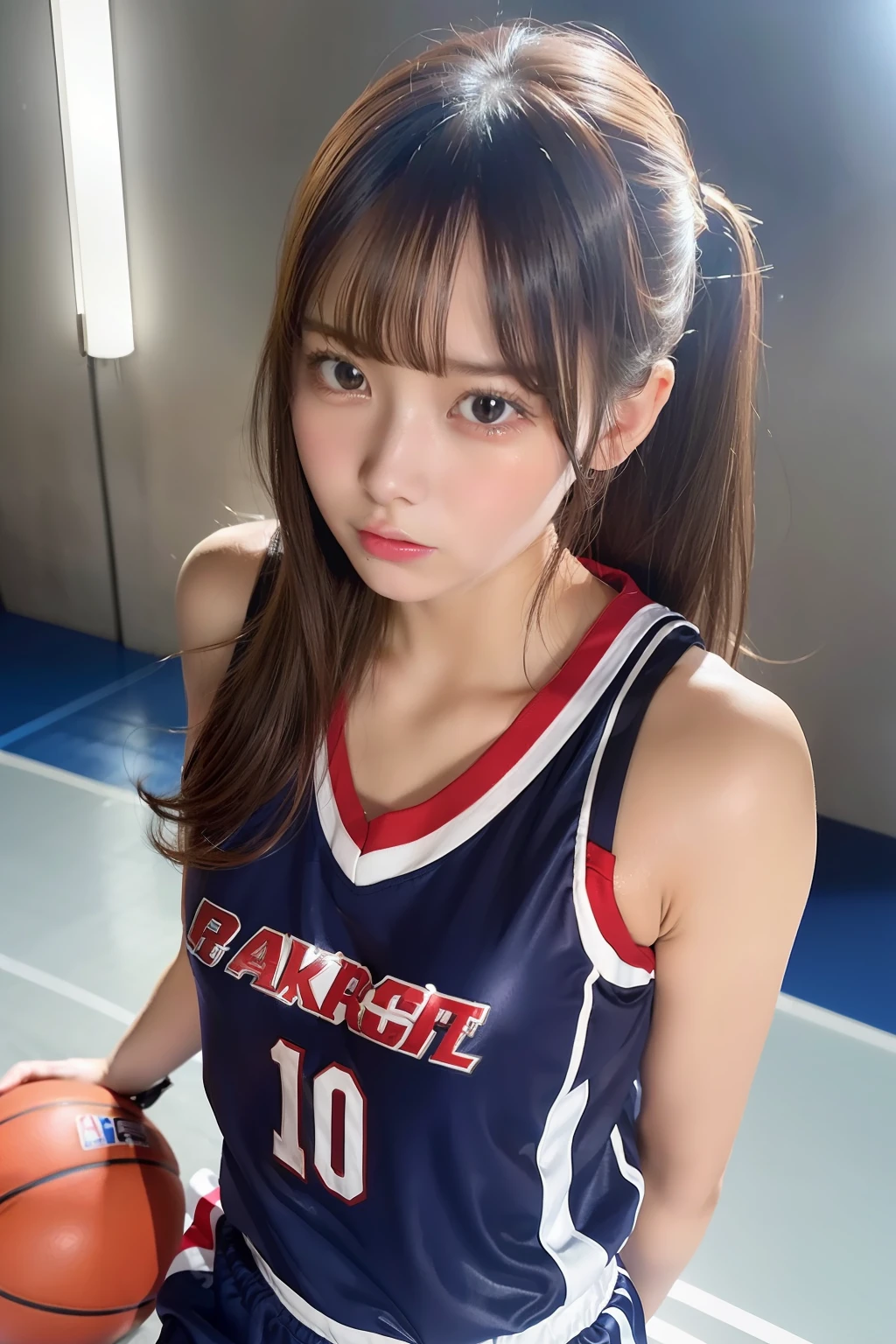(Raw quality), Highest quality、masterpiece、Ultra-high resolution、(Photorealistic:1.4)、Raw photo、1 Girl、14 years old, Glowing Skin、headset、((Ultra-Realistic Details))、Portrait、Global Illumination、Shadow area、Octane Rendering、8k、Ultra Sharp、((Delicate body type))、Hair ornament of the future、(Basketball team uniforms:1.3)、Cleavage、Side boo boo, ((Medium bust:1.4))、(Sunburned skin:1.4)、Very intricate detail、Realistic Light、Metallic Shine、CGSoation Trends、(Purple eyes:1.4)、(Shining Eyes)、Facing the camera、Neon Details、Sitting、Cyberpunk background、Small LED lamp、(Purple and green lighting from behind)、
