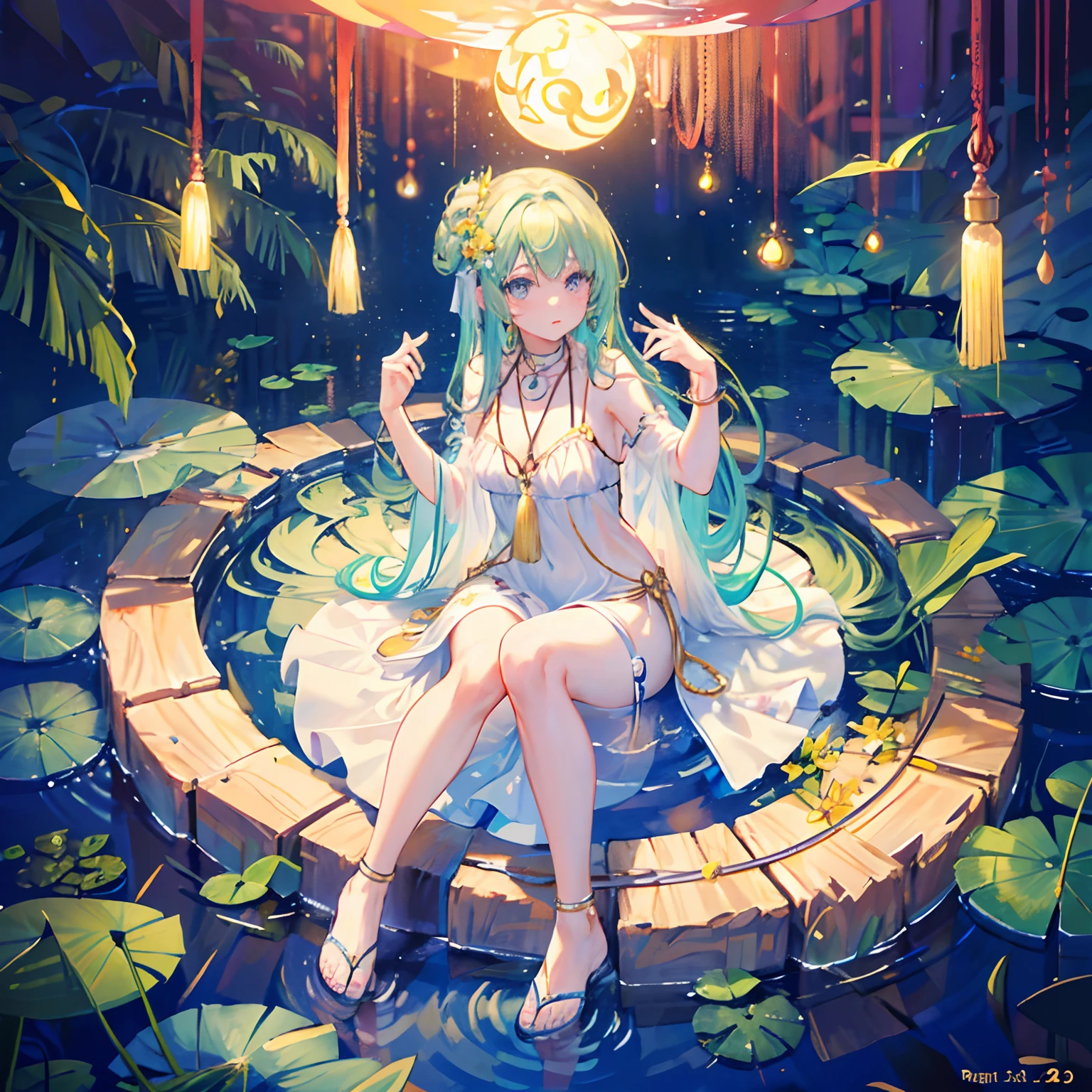 ｛1girll，独奏｝（ Long azure hair：1.3），Long hair，（Single braid，Princess head），figure eight bangs，Clavicle is visible，（Gold eyes），sparkle eyes，（White fairy long dress），There are tassel hangings on clothes，She wears an emerald bracelet on her wrist，A jade pendant hangs around his neck，（Barefoot），（posing on a），The girl had a copper bell tied to her ankle，White sandals，（Slim），Babbling water，lotuses，Lotus leaves，Water surface reflection，（face expressionless），Mouthless girl，Cover style，（fully body photo：1.2），（Mid-range vision：1.2），moderately sized breasts，（Best quality at best），（extremely detaile），（Unique），（Delicate background），（Masterpiece），（Ultra-high resolution），（Very detailed 8k wallpapers），cinmatic lighting，Volumetriclighting，light particules，Face Shadow，（Fine beautiful face and eyes），depth of fields，ssee-through，dynamic scene，Ray traching，hdr，