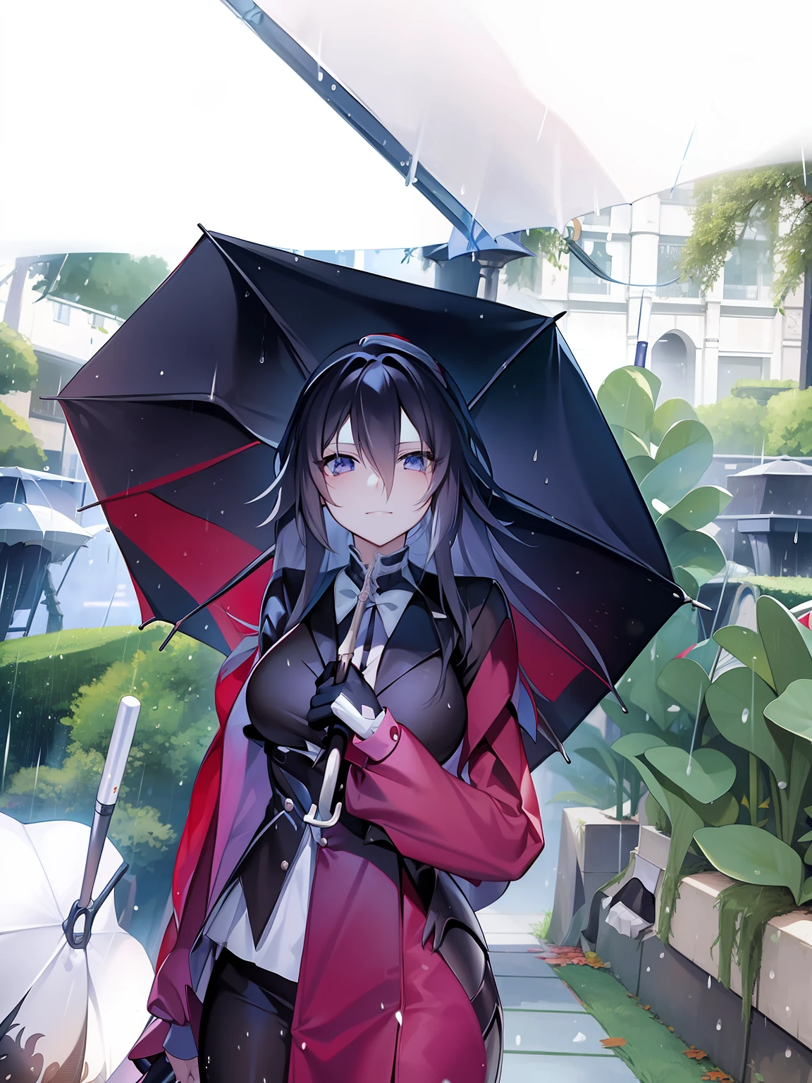 there is a woman with a mask on holding an umbrella, cosplay, cosplayer, anime cosplay, holding umbrella, holding a umbrella, holding an umbrella, raining!!, raining!!!, sebastian michaelis, cosplay photo, as an anime character, rin, anime style, li, professional cosplay, umbrella, raining!, anime style only, glossy from rain