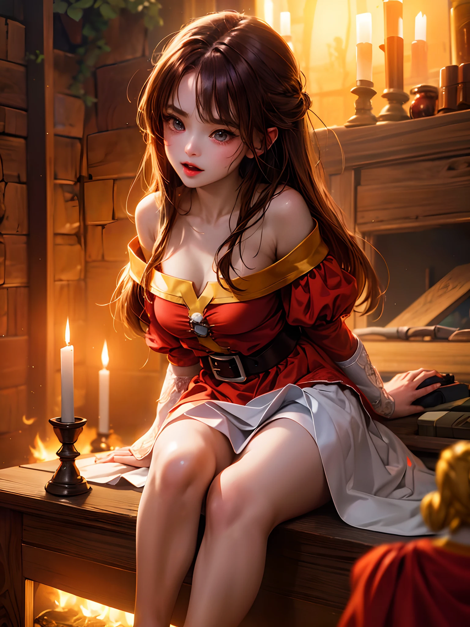 (absurdres, highres, ultra detailed, HDR), masterpiece, best quality, legend of mana konosuba megumin the fire sorcerer inside the town of domina