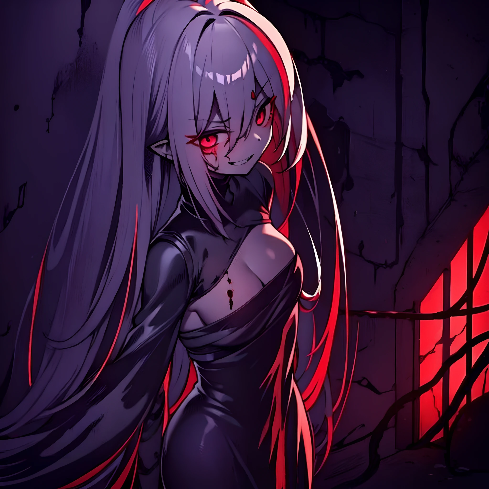 Best quality, highest resolution, 1 girl, solo, small breasts, perfect anatomy, well drawn hands and arms, "Short white hair, pitch-black eyes with red iris, exuding a dark aura, fierce expression, long black nails, menacing grin, blood flowing from eyes, tattered and torn oversized shirt, levitating, long black tentacles extending from the back, in a grim abandoned building, where the floor is covered with blood and people in the background watch the girl with horror."
