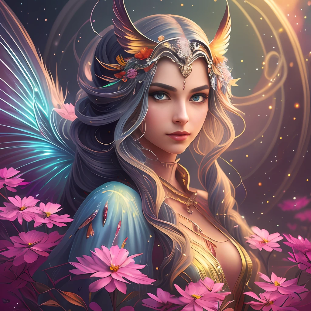 (((masterpiece))), (((best quality))), ((ultra-detailed)),(highly detailed CG illustration), ((an extremely delicate and beautiful)),cinematic light, Create a stunning fantasy artwork that mimics the style of currently trending masters of the genre. The art piece should contain elements of both mythic fantasy and fairytale fantasy with colorful accents. The character in the artwork is a delicate but strong figure with an aura of mystery and magic. The character should be petite with subtle breasts. Pay close attention to intricate facial features, such as mesmerizing eyes with vibrant colors and delicate shading. The character's clothing should be designed with gossamer feathers, silk, stunning embroidery, and subtle iridescent details. Incorporate vibrant colors, dynamic lighting, and detailed background elements to create a sense of awe and immersion. Include colorful flying magical birds and jewel-toned butterflies radiating a magical aura. Consider the latest trends in fantasy art, such as incorporating unique lighting effects, exploring dynamic and compelling composition techniques, and experimenting with unique color palettes. Take inspiration from the top artists on ArtStation and Midjourney. Camera: Choose an angle that highlights the character's beauty and enhances the magical majesty of the artwork. Lighting: Utilize atmospheric lighting techniques to create depth and mood. Resolution: Aim for a high-resolution artwork to showcase intricate details and clarity. Art Inspirations: Seek inspiration from the trending artists on ArtStation, exploring different styles, genres, and themes.