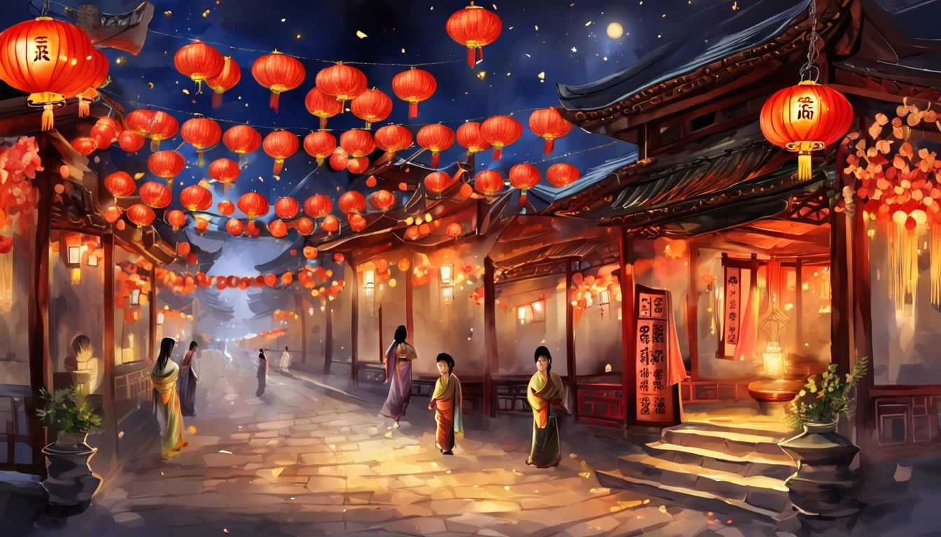 New Year,Chinese-style town,nigh sky,Buddha statue in the center,decorations,Hanging Chinese lanterns,fire works,empty of people