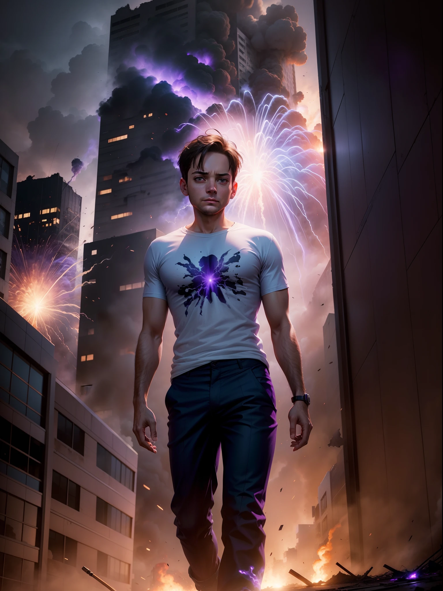 Tobey Maguire dressed in stylish tshirt and pants, explosions, destroyed buildings collapsed, rising smoke, purple flames, reflected purple and blue lights, realistic, photography, Canon Eos R6