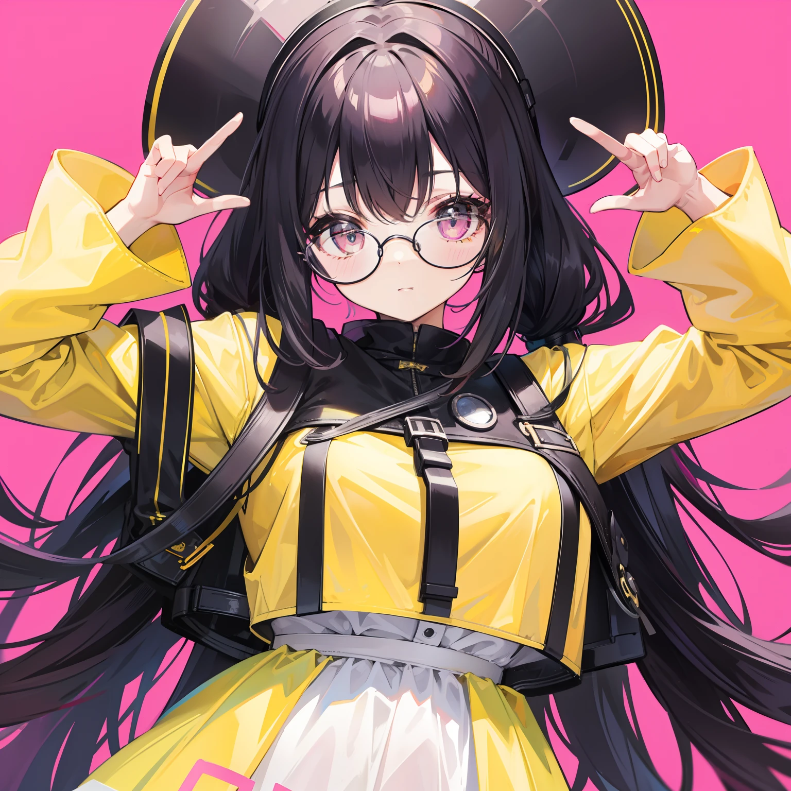 Yellow-pink transparent texture for long hair,Wide black glasses,The face is relatively large,Silly,Looks silly and cute,It's a cute girl