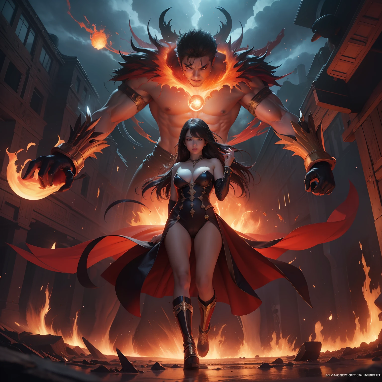 (masterpiece, 8k, best quality), photorealistic, cinematic, dynamic background, anime girls, (((wide shot, full body view))), (head to toe visibility), fighting face to face, perfect anatomy, curvaceous body, alluring, perfect eyes, perfect hands, perfect eyes, detailed eyes, large breasts, round ass, long round legs, in a realm where fire and water converge, two mighty elemental mages engage in a cataclysmic battle, the Magician 1, wreathed in flames, hurls blazing orbs of inferno with explosive force, the Magician 2, surrounded by swirling aquatic currents, counters with ice-cold spheres that sizzle and steam upon impact, as their magical projectiles collide, the clash births a chaotic dance of steam and hissing embers, shaping the destiny of their elemental battleground