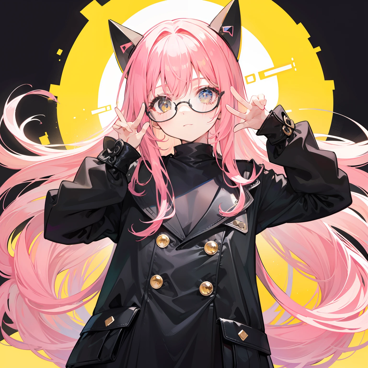 Yellow-pink transparent texture for long hair，Wide black glasses，The face is relatively large，Silly，Looks silly and cute，It's a cute girl