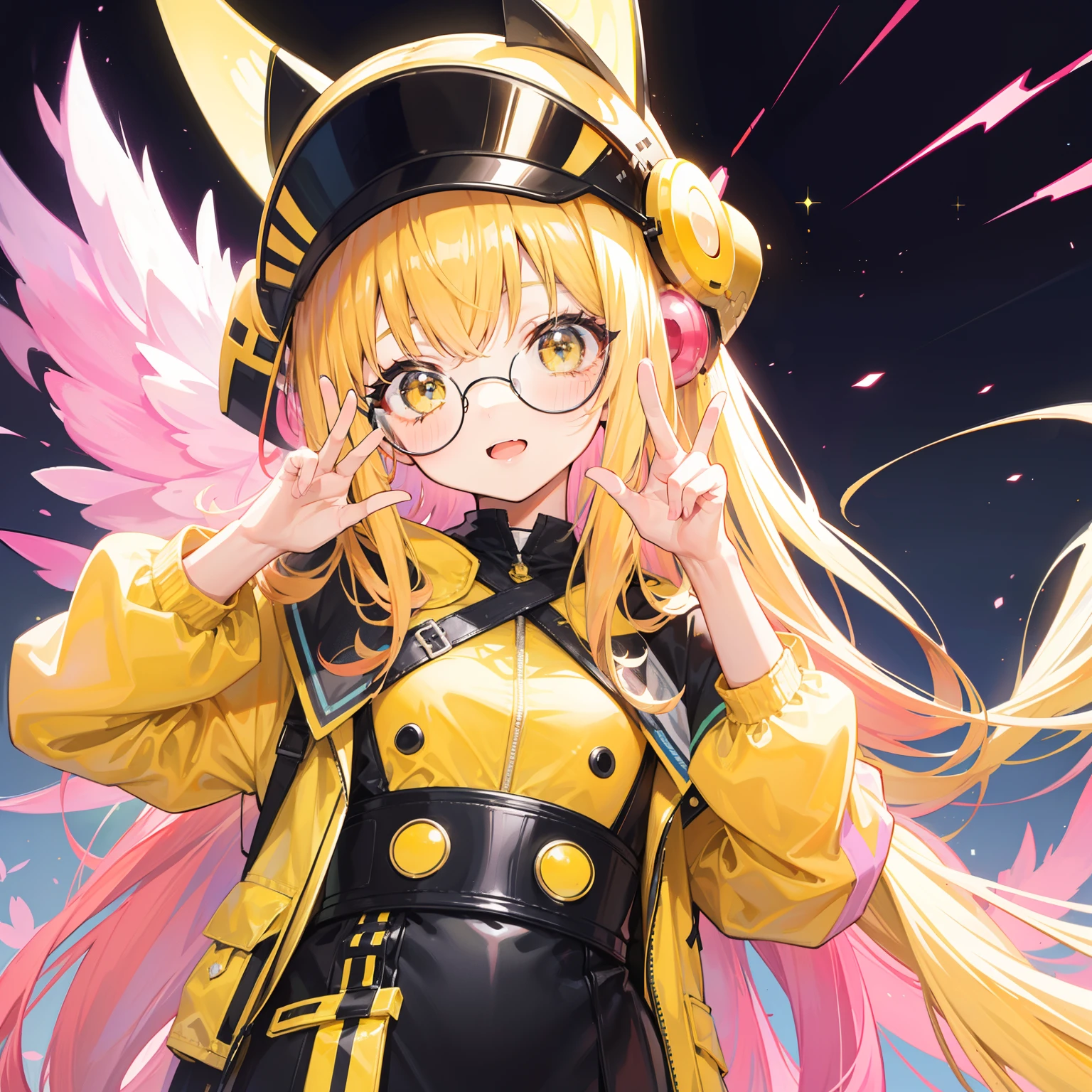 Yellow-pink transparent texture of long hair,Wide black glasses,The face is relatively large,Silly,Looks silly and cute,It's a cute girl