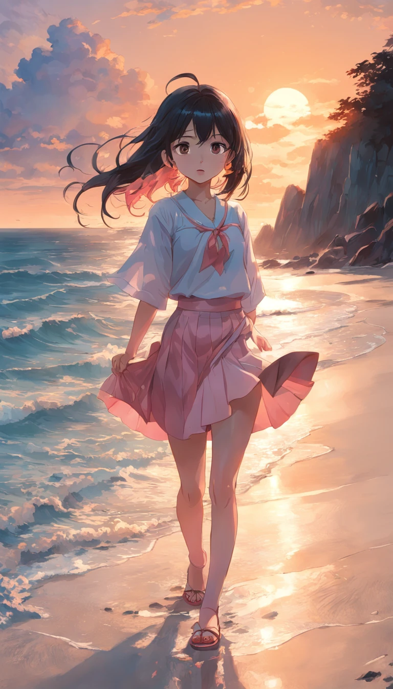 best qualtiy,tmasterpiece,超高分辨率,(真实感:1.4),RAW photogr,warm lights,The sea and the beach,1girll,Walking on the beach,White color blouse,Short pink skirt,sandals,the setting sun,cabelos preto e longos,(Slim,Dignified,shyexpression),Beautiful teenage girl,Beautiful goddess,Detailed scenes, Beautiful digital illustration, the detail,Hyper-detailed, Cinematic quality,((From below))