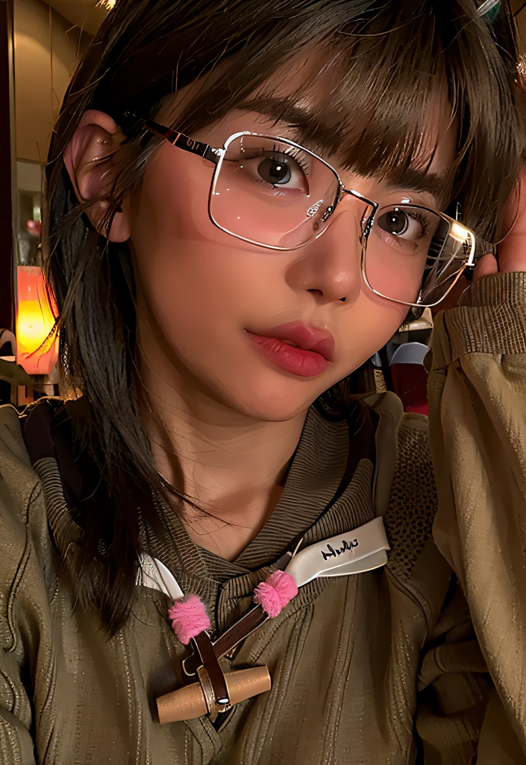 There is a woman wearing glasses and a brown sweater posing for a photo, With glasses, 2 , 2 8 years oldinh, 2 3 years old, 2 2 yearsears old, xintovanh chanthara,ld, Korean girl, 2 4 years old, headshot profile picture