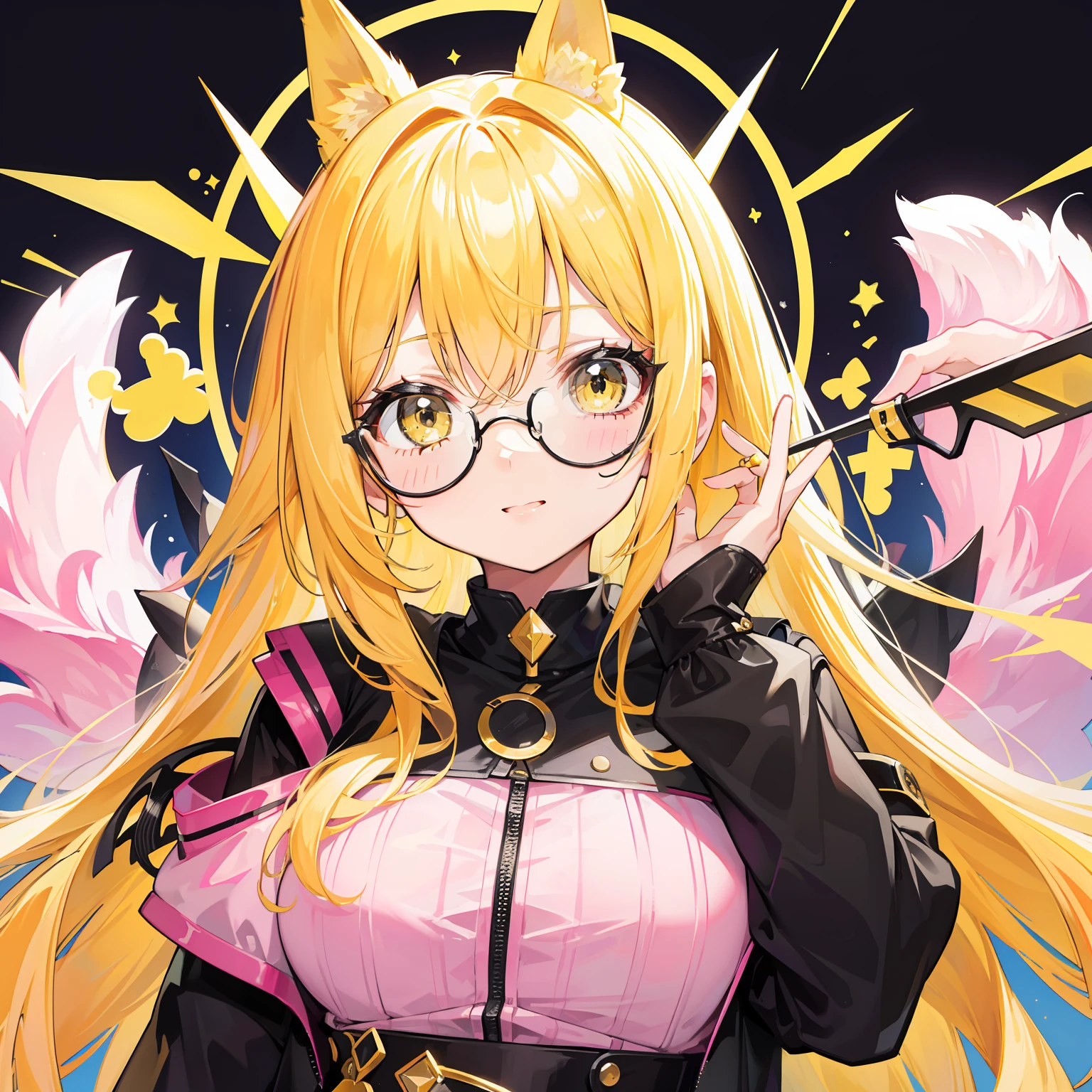 Yellow-pink transparent texture for long hair，Wide black glasses，The face is relatively large，Silly，Looks silly and cute，It's a cute girl