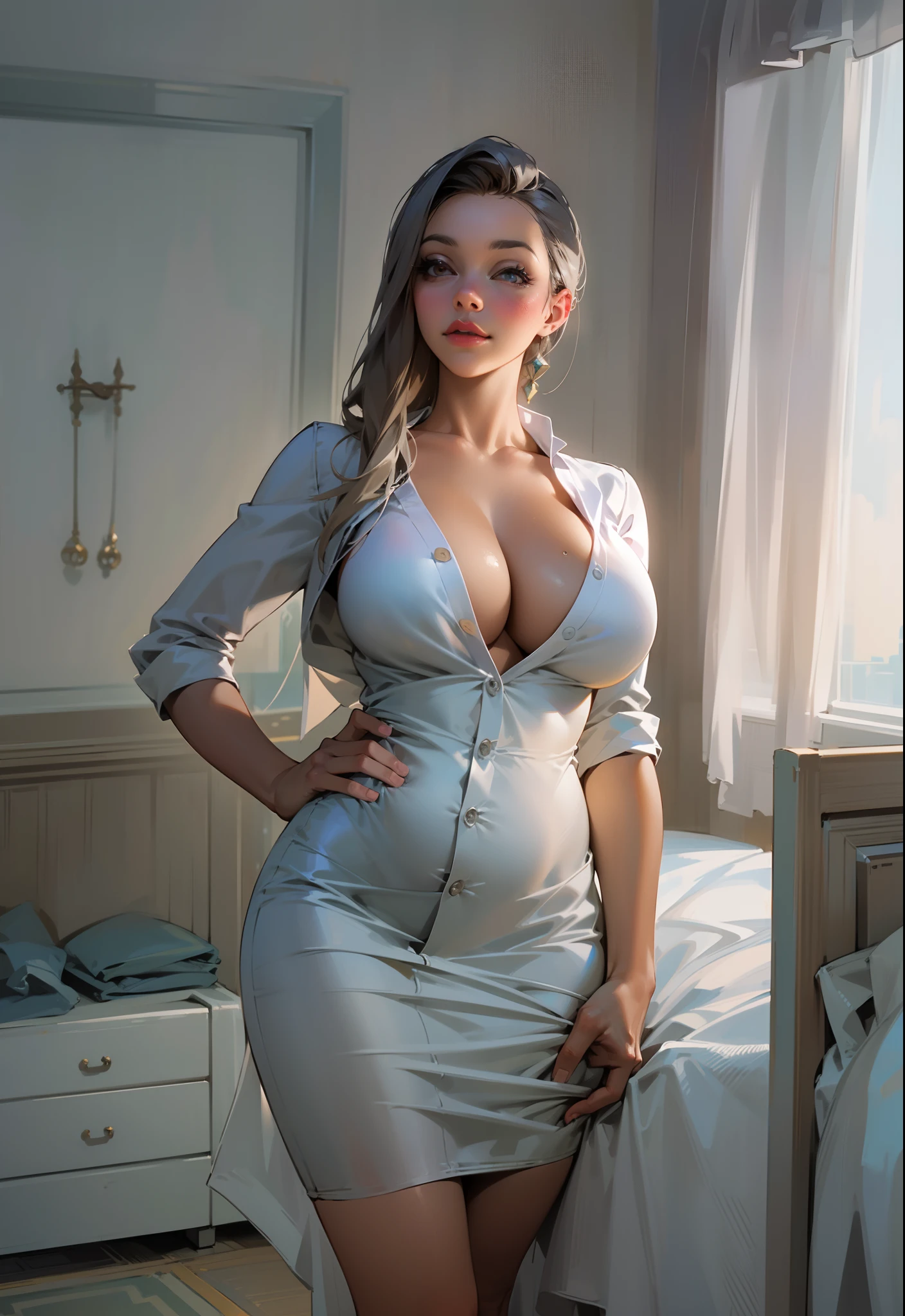 There's a beautiful, Mulher sexy de 30 anos (Peta Jensen pov), cabelos longos cinza (cabelos grisalhos), nurse enfermeira, jaleco branco averto, Blouse unbuttoned to the belly, jaleco completamente desabotoado, without the buttons, piercing na barriga, no-bra, does not wear a bra, belos seios enormes (Angela Big Branco)), Large melons, Mamalhuda, Oppai, Big huges molhados e macios, suada, corpo molhado, suor escorrendo pelos seios, close debaixo, Visualizado abaixo, Bottom view, olhar debaixo, olhar penetrante e sensual, nariz esnobado, boca entreaberta, carnudo, red lips, olhos azuis, pele clara, sardas, sardas no rosto, sardas no peito, lascivo, quadril largo, sem saia, not wearing a skirt, is without a skirt, quadril largo, sentada em uma cama de hospital, pernas abertas, pernas abertas sem calcinha, Not wearing panties, Visible , aparente, cancer, Depilado, untidy sheets, quarto rico em detalhes, cinematic natural light, luz lateral, great contrast, Sombras, filtro, profundidade, anatomia feminina perfeita, 4k