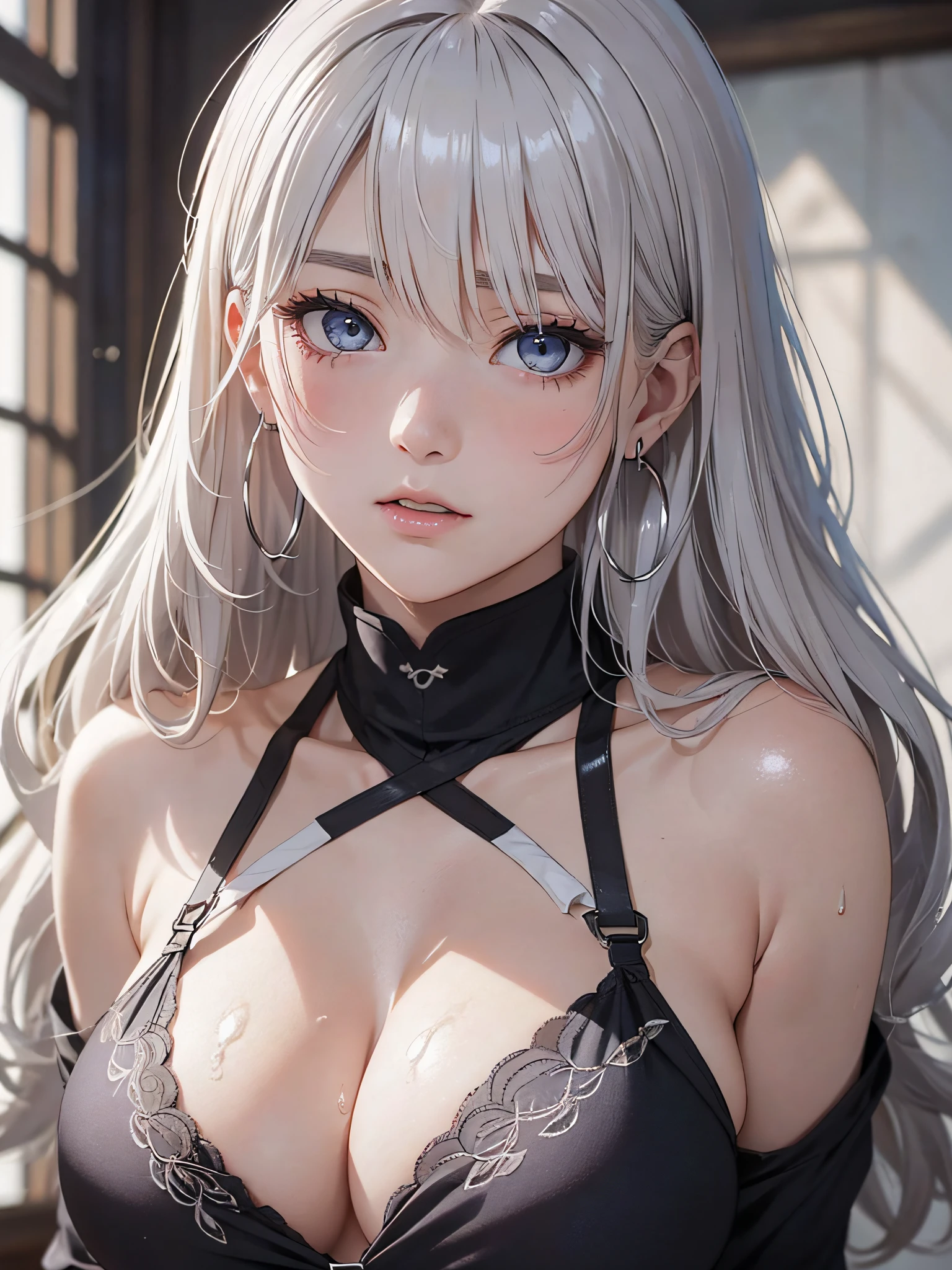 (masutepiece: 1.3), (max resolution: 1.2), (Ultra HDTV: 1.2), cinematric light, 8K resolution, Detailed eyes and skin, detailed facial features, , (Sharp Focus: 1.2), (Focus on Face:1.2),Perfect Style, Beautiful face, acurate, Anatomically correct, Highly detailed face and skin texture, Detailed eyes, Double eyelids, Thin eyebrows, eye liner、Natural cheeks, Glossy skin, Fair skin: 1.2, (Glossy lips: 1.4),、 (Shy look: 1.2),Highly detailed facial and skin texture, Detailed eyes, Double eyelids, Natural cheeks, , shiny lips: 1.4,Exposed cleavage、(A large amount of sperm in the chest:1.4)(Large amount of sperm in the thighs:1.2)、 red blush、humiliated、impatience、dismay、Frightened、glares、Sexually arousal、Provocation、embarrassed from、Open knees、open one's legs、(Masturbation behavior:1.6)、touches crotch、White underwear、White bra、Shiny little earrings and necklaces、、Disheveled clothes、Dressing、Exposed panties、Wearing sweat、sodden、Sheer underwear、Full body like、 20yr old、 Neat and clean woman 、Wavy Hair、 Semi-long hair, Big, upturned breasts、in woods 、White-silver hair、Blue Ash Eyes,(Monastic uniforms:1.5)、breasts veins、