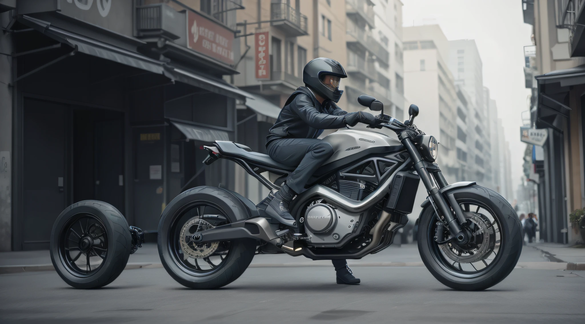 Fatalistic two-wheeled bicycle. Stylish and modern. Fashionable design .realistness, Symmetry of shapes. Global Innovations in Electrical Engineering. stands on the street in the evening.