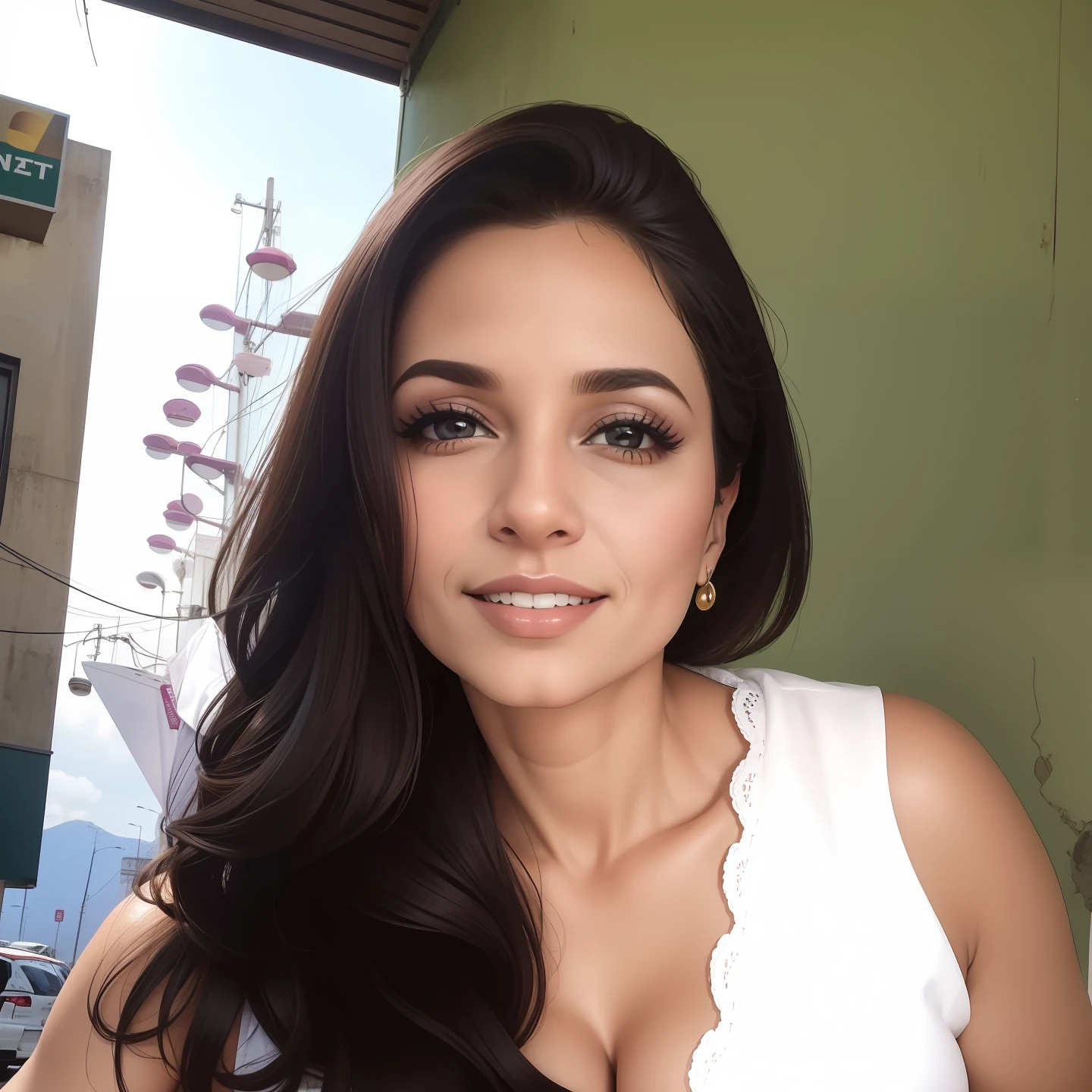 MULHER, SENSUALIZANDO, 45 ANOS, ENCOSTADA NUM POSTE, EM UMA CIDADE GRANDE