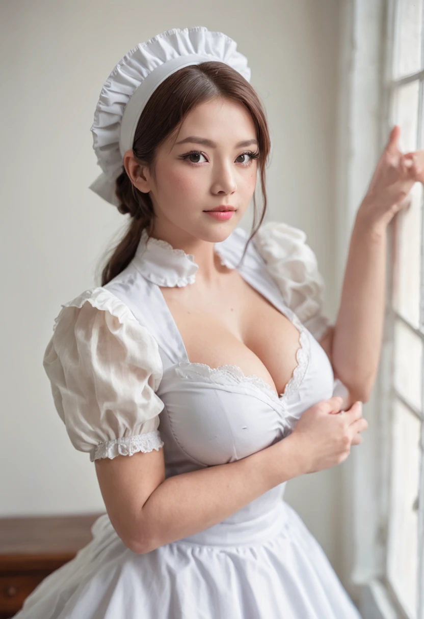 (huge-breasted:1.8),Busty woman in maid clothes standing in front of window, maid clothes, Gorgeous busty maid, Fine details,oppai, Exposed massive breasts,A smile