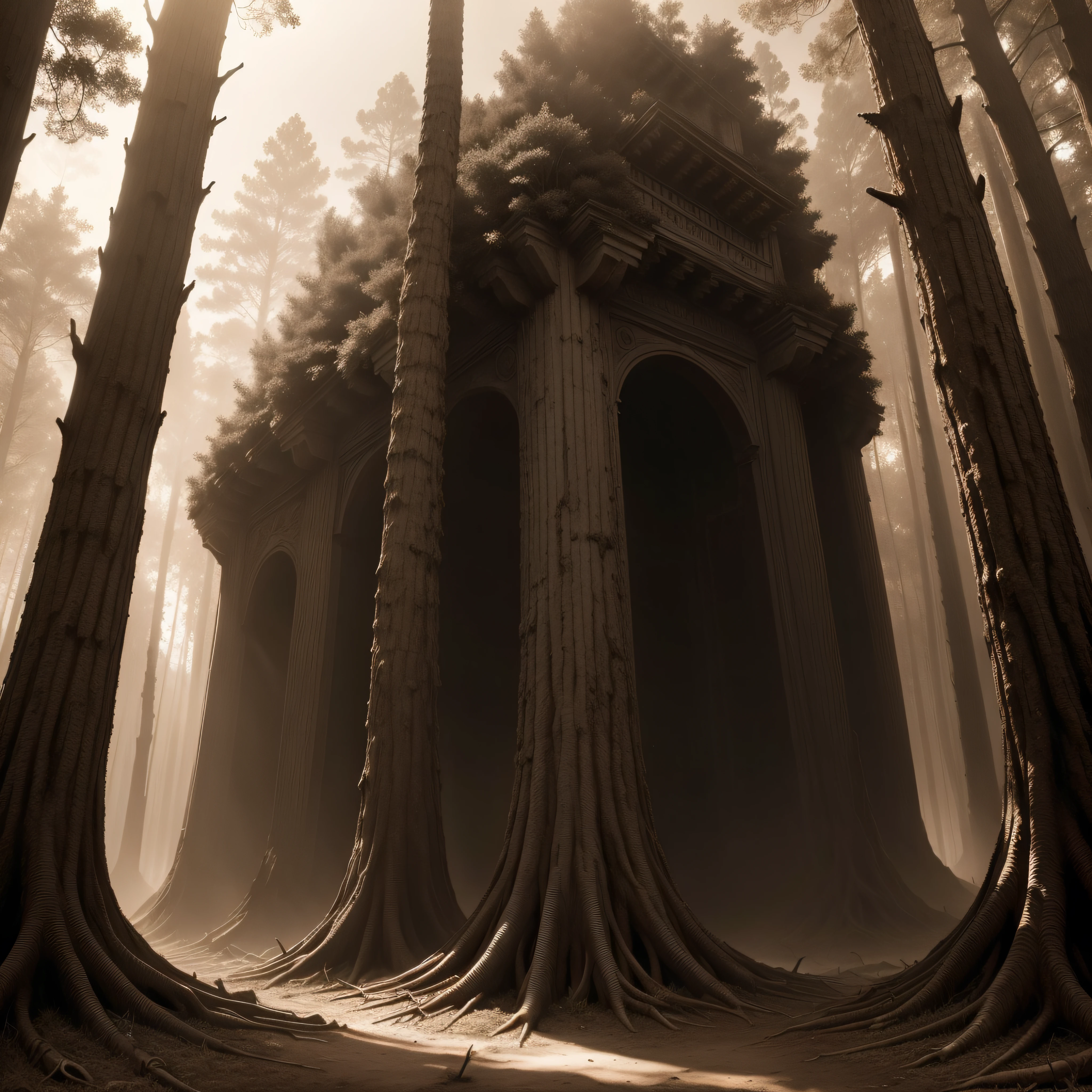 (extremadamente detallado, obra maestra, La mejor calidad, Tono sepia) bosque enorme, Skulls come out of tree trunks, ruinas. Daytime Lighting.