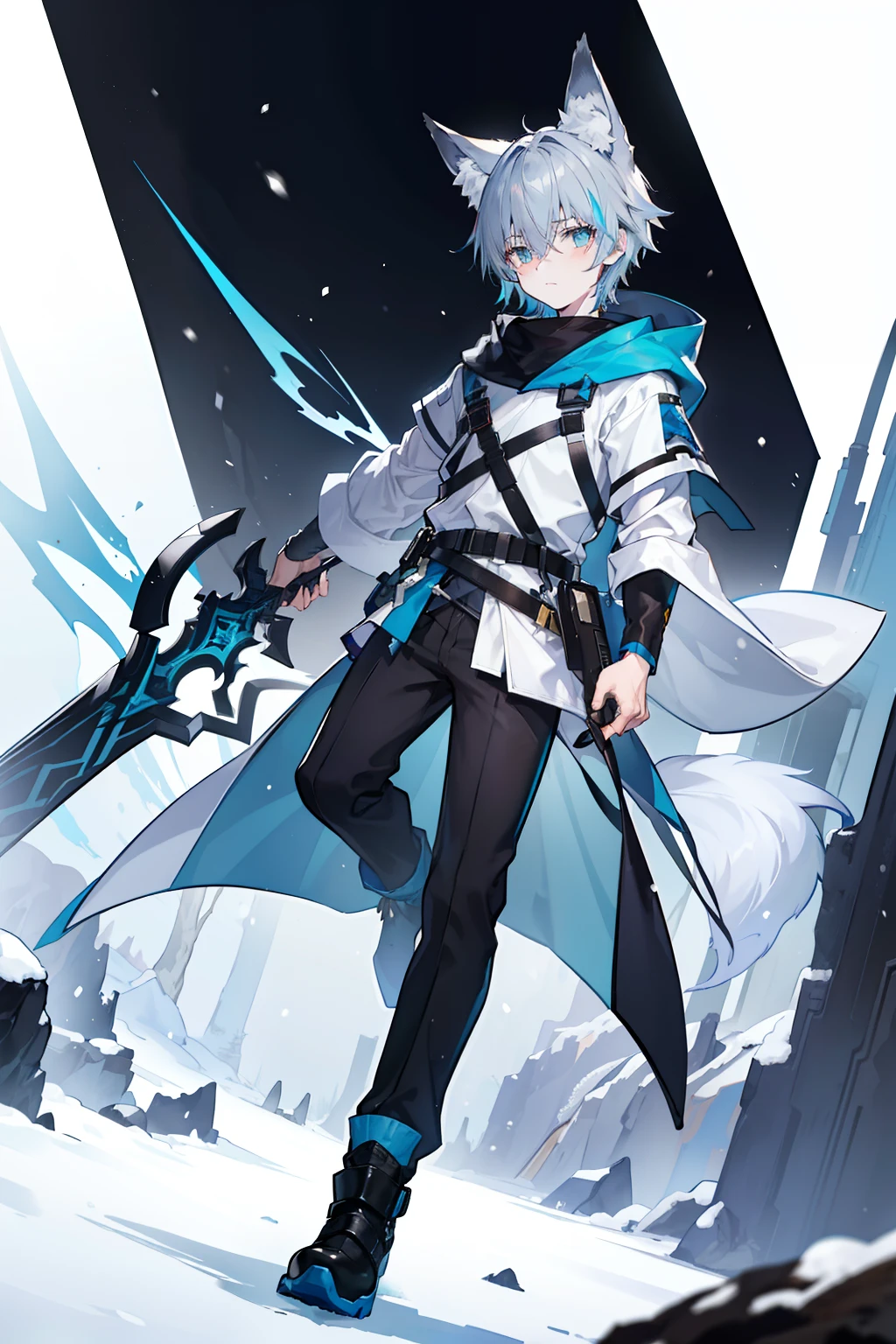 (masterpiece), best quality, expressive eyes, perfect face, 1boy, solo, (light shade hair, fox tail, blue grey hair, fox boy, young male, young boy, fox ears, light blue grey hair, pale light blue gray hair, pale blue hair, bluish cyan hair), azure eyes, yellow undertones, yellow highlights, (leather robe, brown cape, dark hood), young boy, poor, ragged clothes, scratched clothing, poor clothing, not rich, basic clothing, short bangs, big eyes, dark brown robe, brown pants, fox tail, scared, young face, eyebags, black pants, arknights design, arknights character, arknights style, dynamic pose, snow, light outfit, boots, snowy area, pale blue outfit, lebron james, pogi, kjerag, forest, broadswords, sabre, claymore, short hair, one fox tail