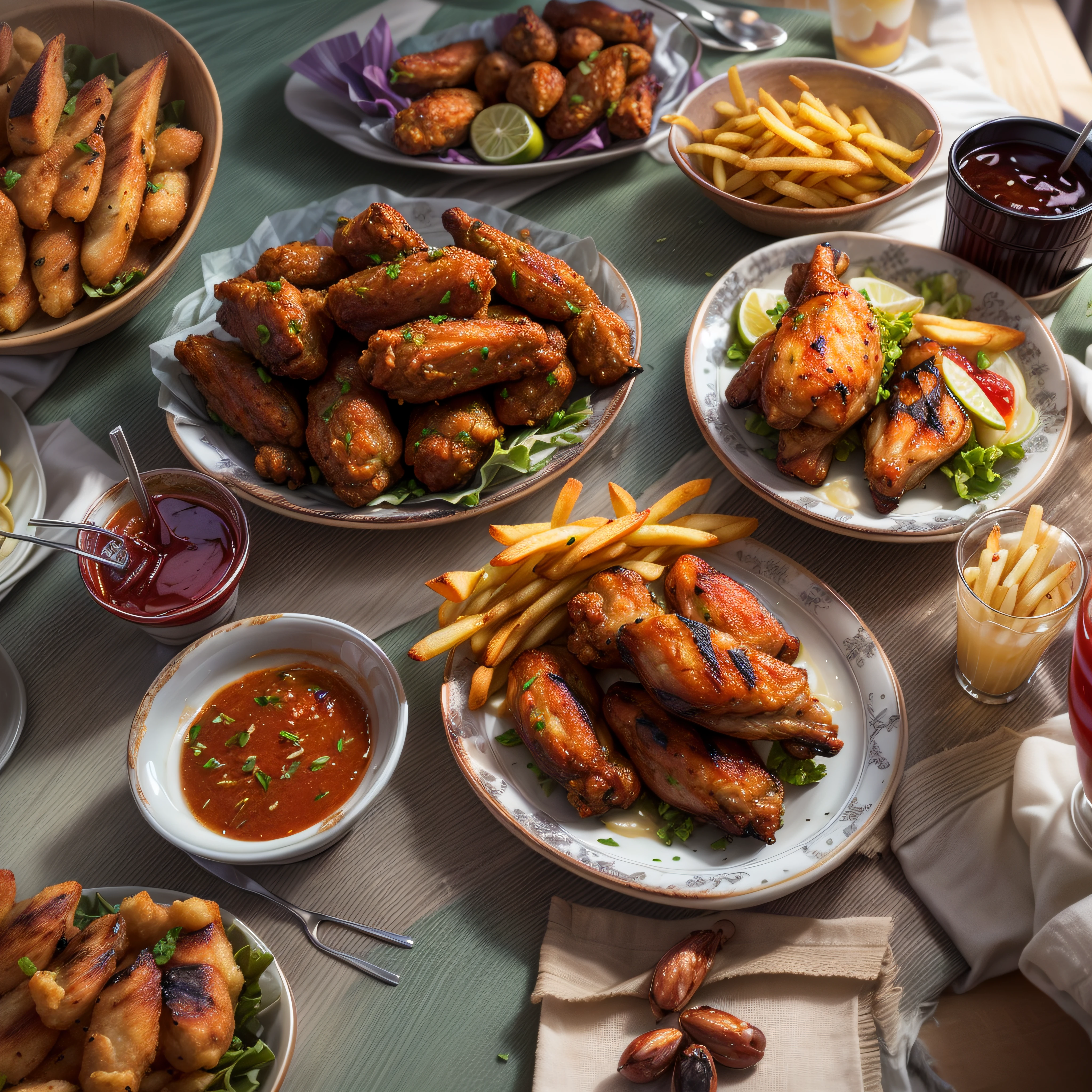 (Full Focus:1.5), (Placed on the dining table, Orleans grilled chicken wings|hamburger|lewd juice|french fries|Fried chicken nuggets|fruit|Fried chicken wings|shellfish:1.2), ray tracing, cinematic lighting, chiaroscuro, masterpiece, super detail, high details, high quality, best quality, highres