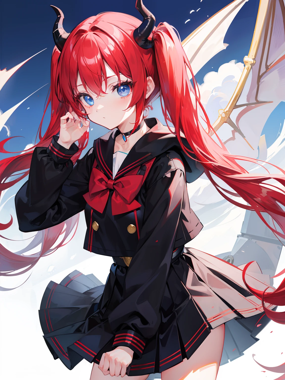 red hair, blue eyes, twintails, Sailor suit,black coat, Dragon horns,Pleated skirt,solo,loli,cute,bow