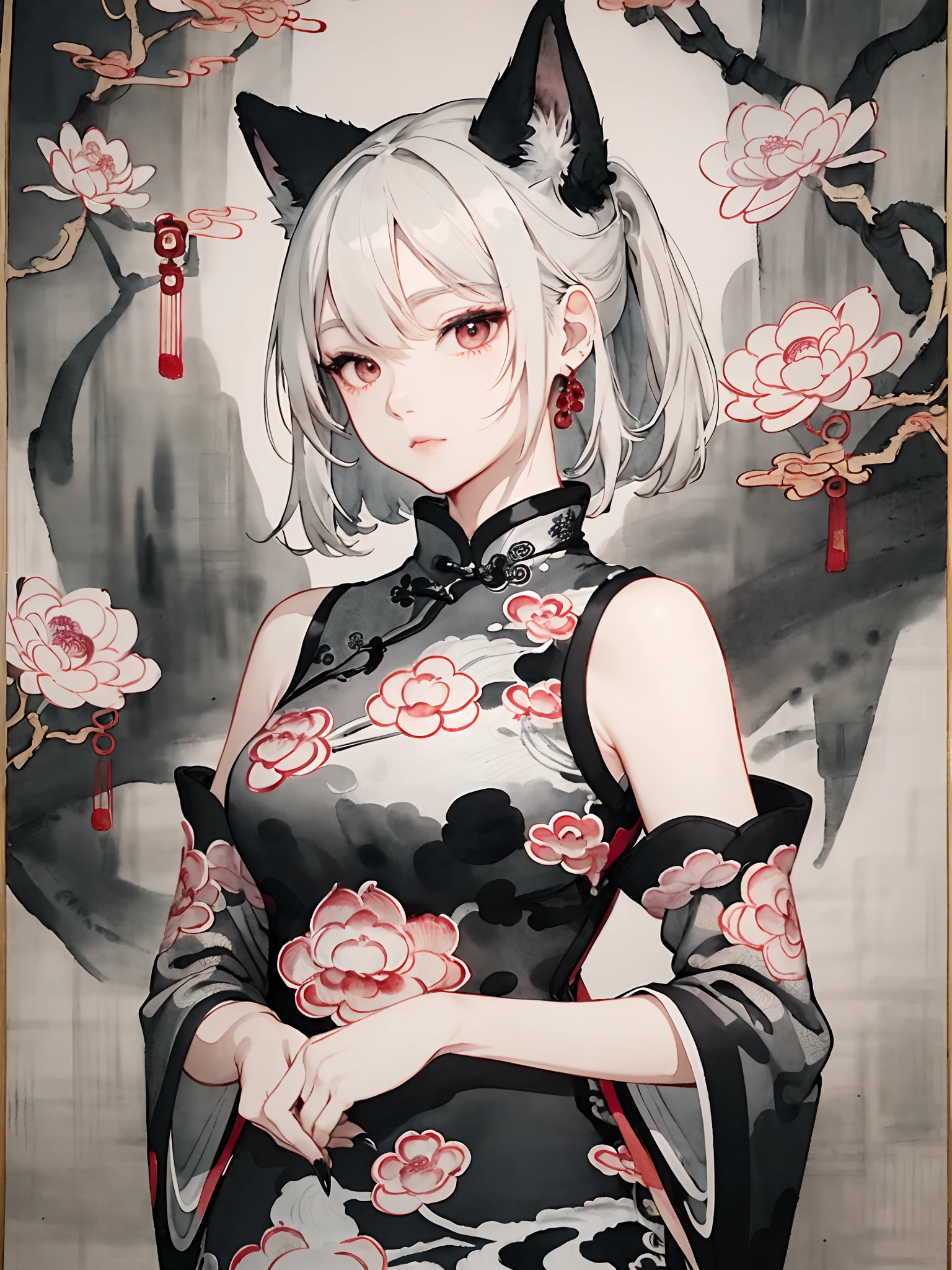 ((4K、masterpiece、top-quality))、((Traditional Chinese Ink Painting:1.4)),lotuses,((qipao dress:1.3)),Dress conservatively ,独奏、white hair、fox ear、blanche、AngelT、looking at viewert