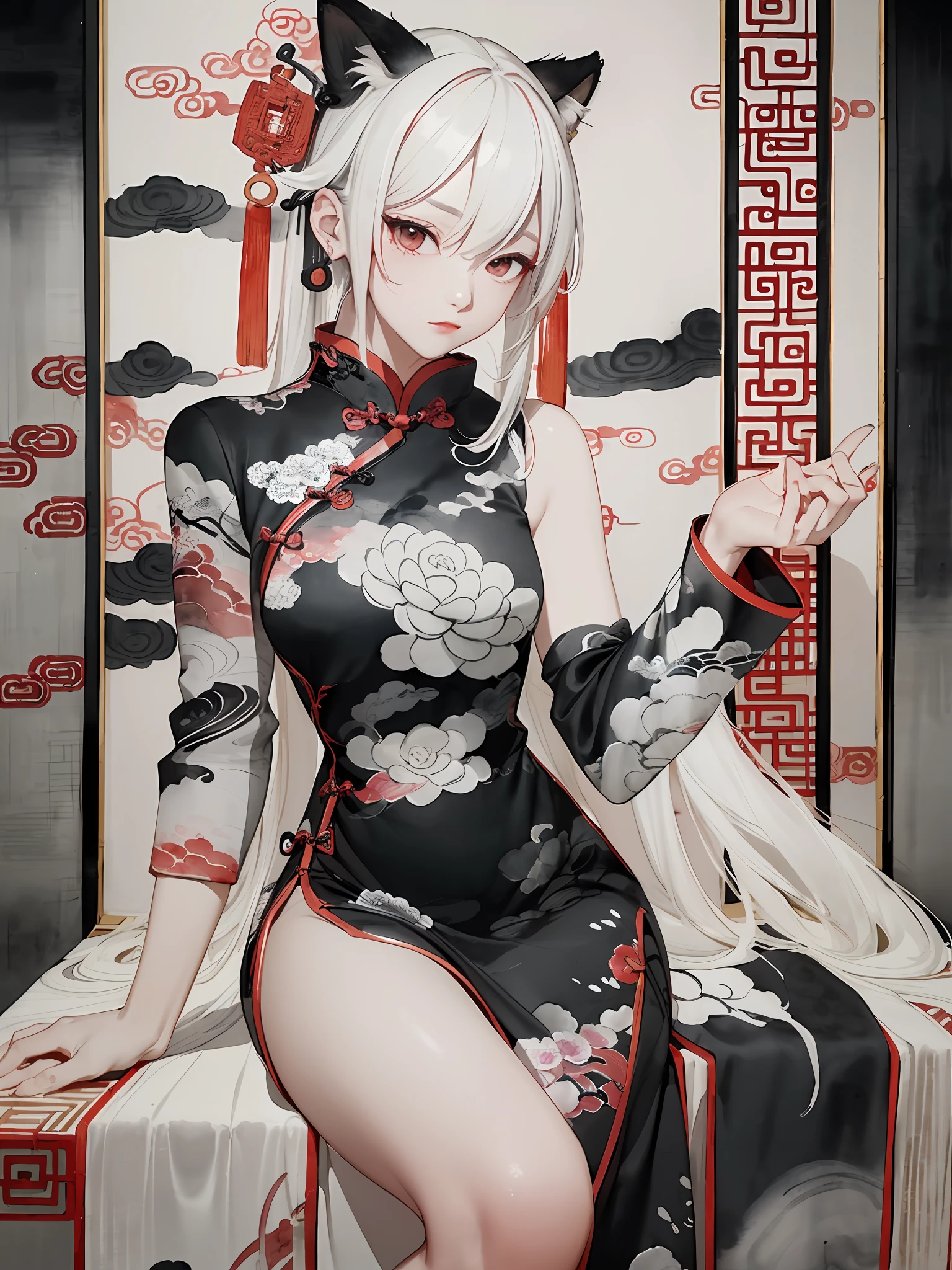 ((4K、masterpiece、top-quality))、((Traditional Chinese Ink Painting:1.4)),lotuses,((qipao dress:1.3)),Dress conservatively ,独奏、white hair、fox ear、blanche、AngelT、looking at viewert