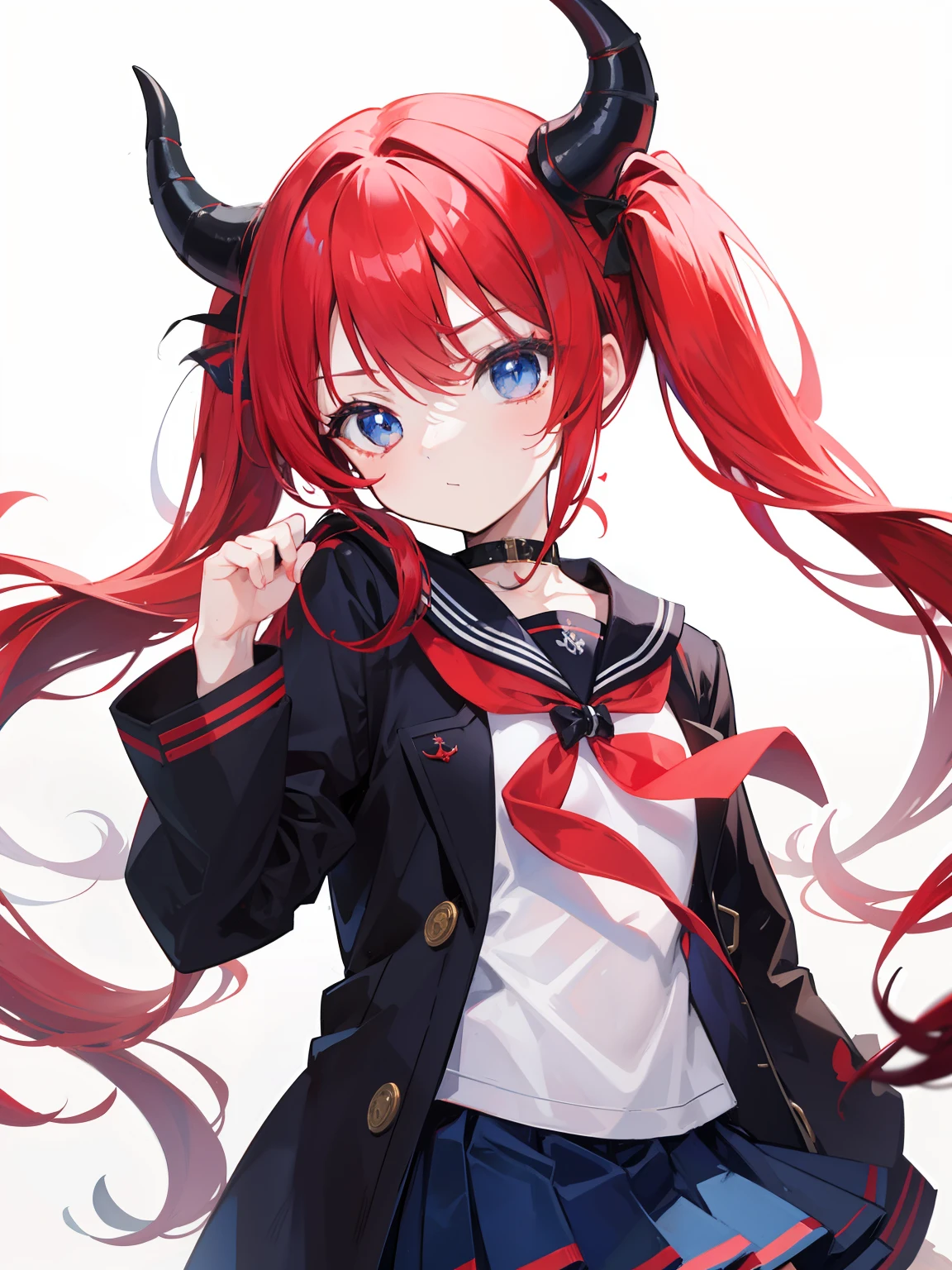 red hair, blue eyes, twintails, Sailor suit,black coat, Dragon horns,Pleated skirt,solo,li,cute,bow