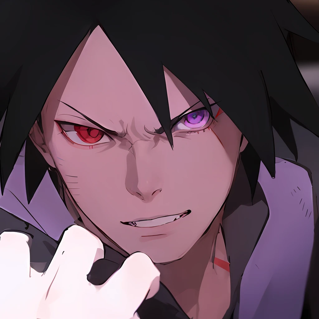 a close up of a person with a purple eye and black hair, sasuke uchiha, he's very menacing and evil, sharp sharingan in right eye and rinnegan in left eyes, his eyes are bleeding intense, large red eyes!!!, He is very cool, this scene he fight momoshiki