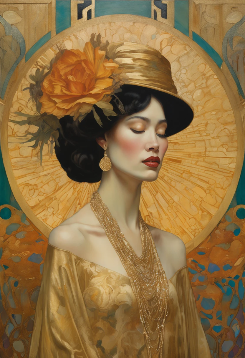 Close-up of a painting of a woman wearing a hat and a golden dress, Tsutomu Nihei Gustav Klimt, oriental art nouveau, Mucha Klimt et Tom Bagshaw, inspired by Tosa Mitsunobu, Gustav Klimt Yoh Yoshinari, inspired by James C. Christensen, Inspired by James Christensen