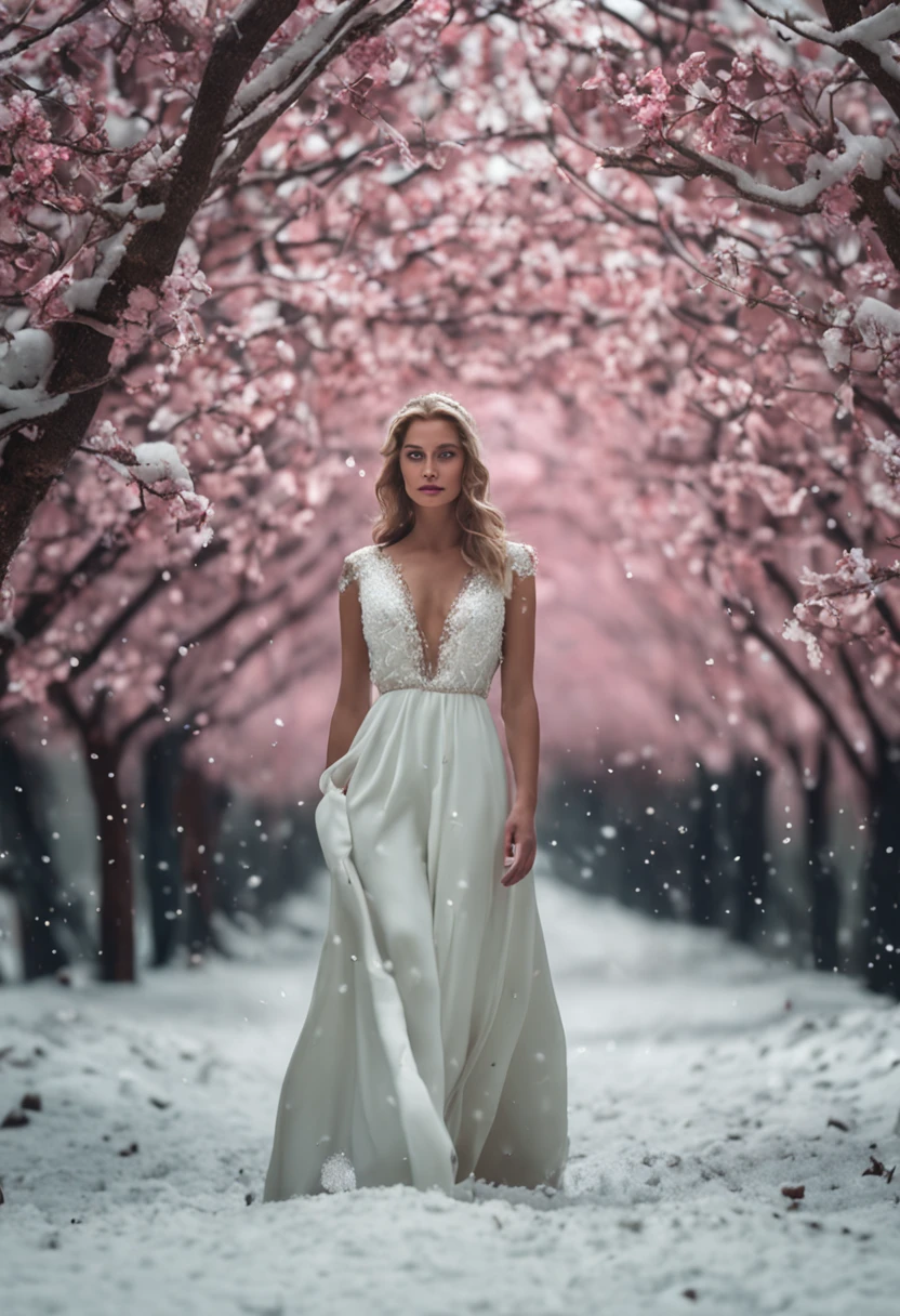 Mujer, joven, de piel bronceada, ucraniana, vestida con un vestido blanco, walking through a snowy garden