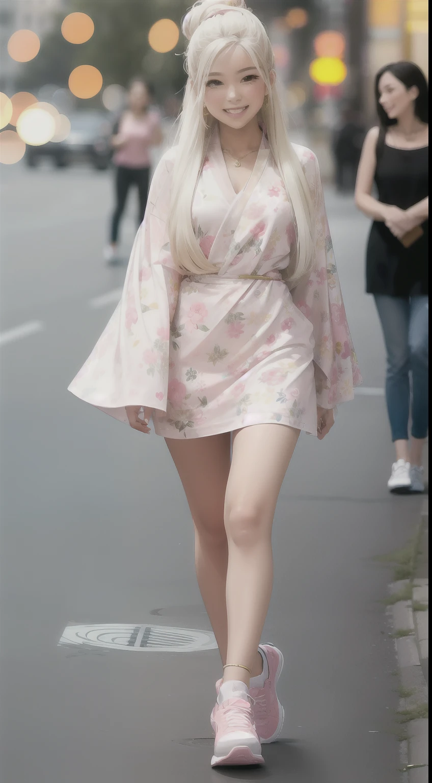 Malay girl very long white shiny hair with High Sleek updo Bun and floral shawl, wear pastel color Floral Print Flounce Sleeve Square Neck Dress, pink sneakers, smiling, very long white hair, wear gold necklace, front view, windy, detail skin, age spot, detail skin texture, mole below eyes, small breast, flat chest, wide hips, small waists, thick thighs, slim abs, beautiful body, morning, laughing, happy, bright lighting, people in background, city background, blur background, bokeh, location: city street