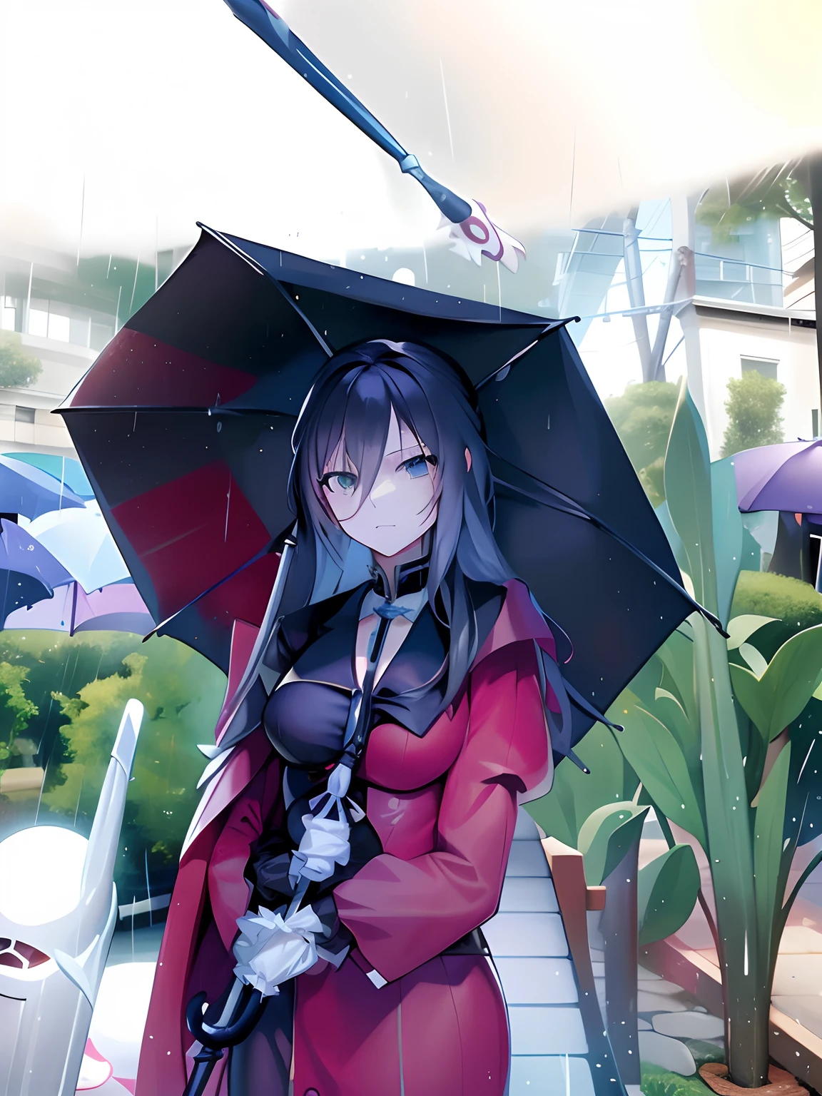 there is a woman with a mask on holding an umbrella, cosplay, cosplayer, anime cosplay, holding umbrella, holding a umbrella, holding an umbrella, raining!!, raining!!!, sebastian michaelis, cosplay photo, as an anime character, rin, anime style, li, professional cosplay, umbrella, raining!, anime style only, glossy from rain