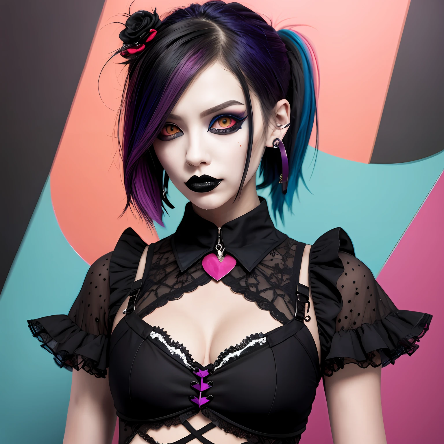 Goth style girl, rebelious character, vibrant colors, strong eye contact, upper body