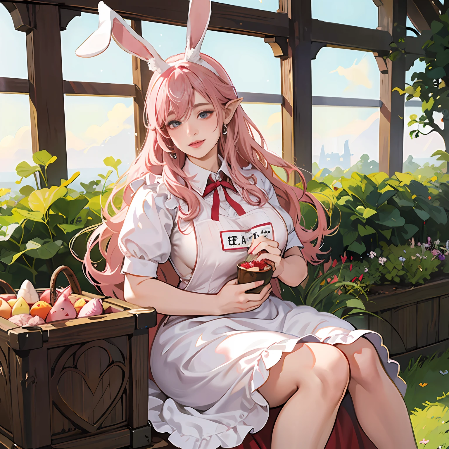 Women in Their 20s, Fantasia、offcial art, unity 8k wall paper, ultra-detailliert, beautifly、Aesthetic, masterpiece, top-quality, Photorealsitic、Rabbit eared clan、A pink-haired、Rabbit ears、Horan Drop、Lop Ear、Lop-eared rabbit:2.0、Flabby ears、Rimless glasses、Bunching hair、frilld、Apron Dresses、Red ribbon at chest、depth of fields, Fantastic atmosphere, Calm palette, tranquil mood, Soft shading、Beautiful Landscapes、bbw、very large breast、plump figure、vegetable garden、Harvesting vegetables、Name tag on left chest、Rabbit herd