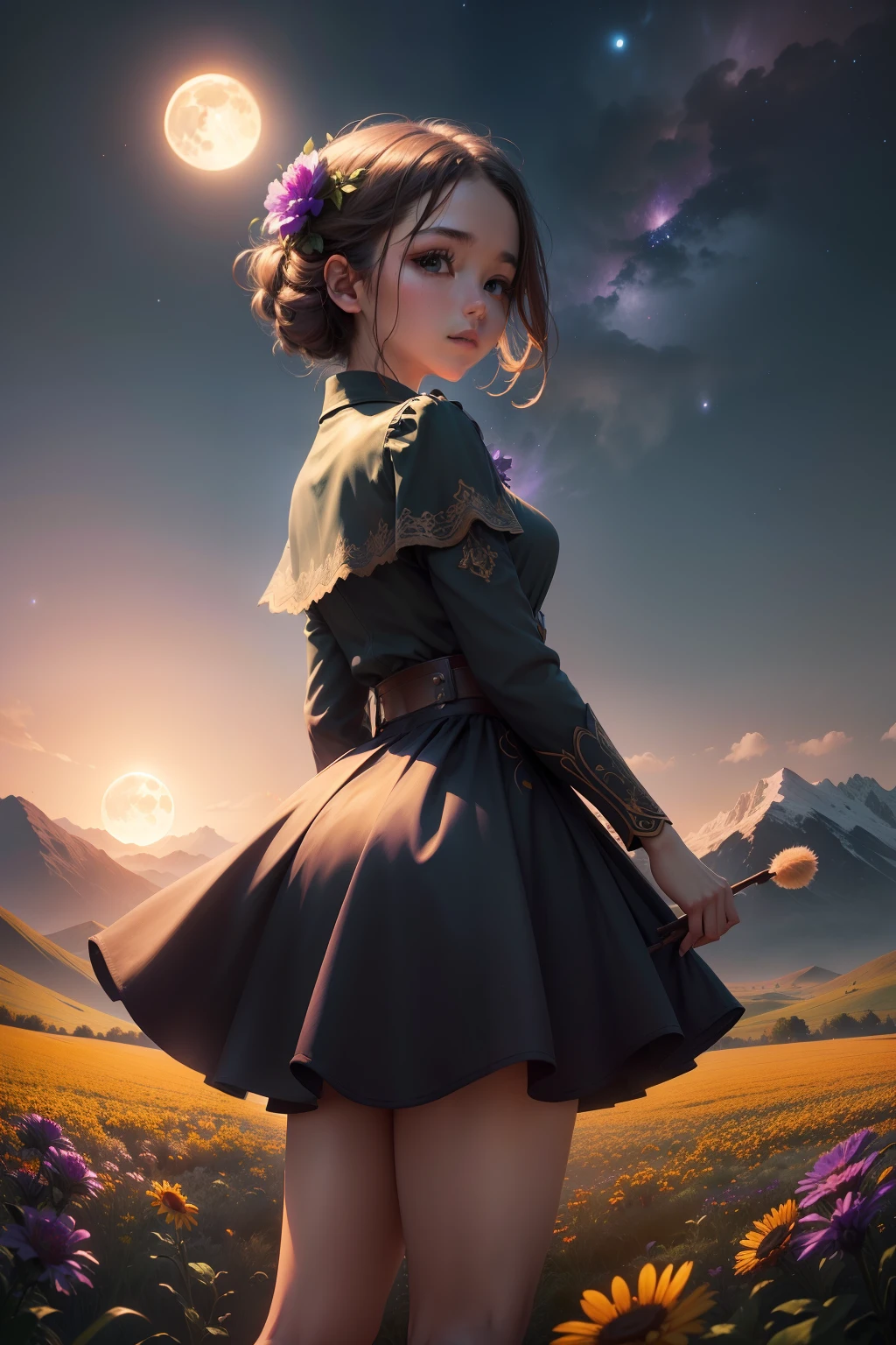 A wide landscape photo, (viewed from below, the sky is above, and the open field is below), a girl standing on a flower field looking up, (full moon: 1.2), (meteor: 0.9), (nebula: 1.3), distant mountains , Trees BREAK Crafting Art, (Warm Light: 1.2), (Firefly: 1.2), Lights, Lots of Purple and Orange, Intricate Details, Volumetric Lighting BREAK (Masterpiece: 1.2), (Best Quality), 4k, Ultra Detailed, (Dynamic Composition: 1.4), Rich in Detail and Color, (Rainbow Color: 1.2), (Glow, Atmospheric Lighting), Dreamy, Magical, (Solo: 1.2)